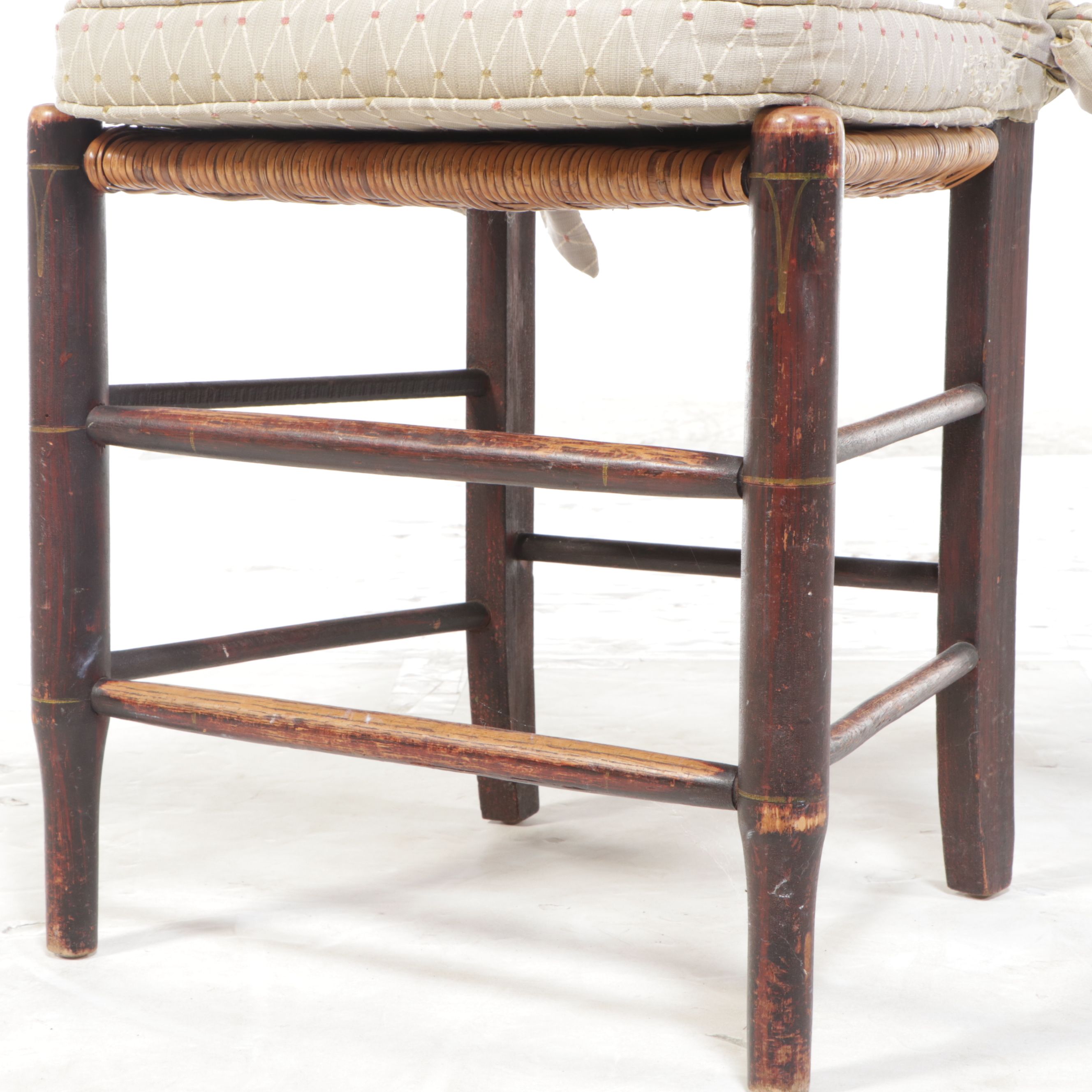 Set of Six American Primitive Painted Wood Dining Chairs with Woven Cane Seats