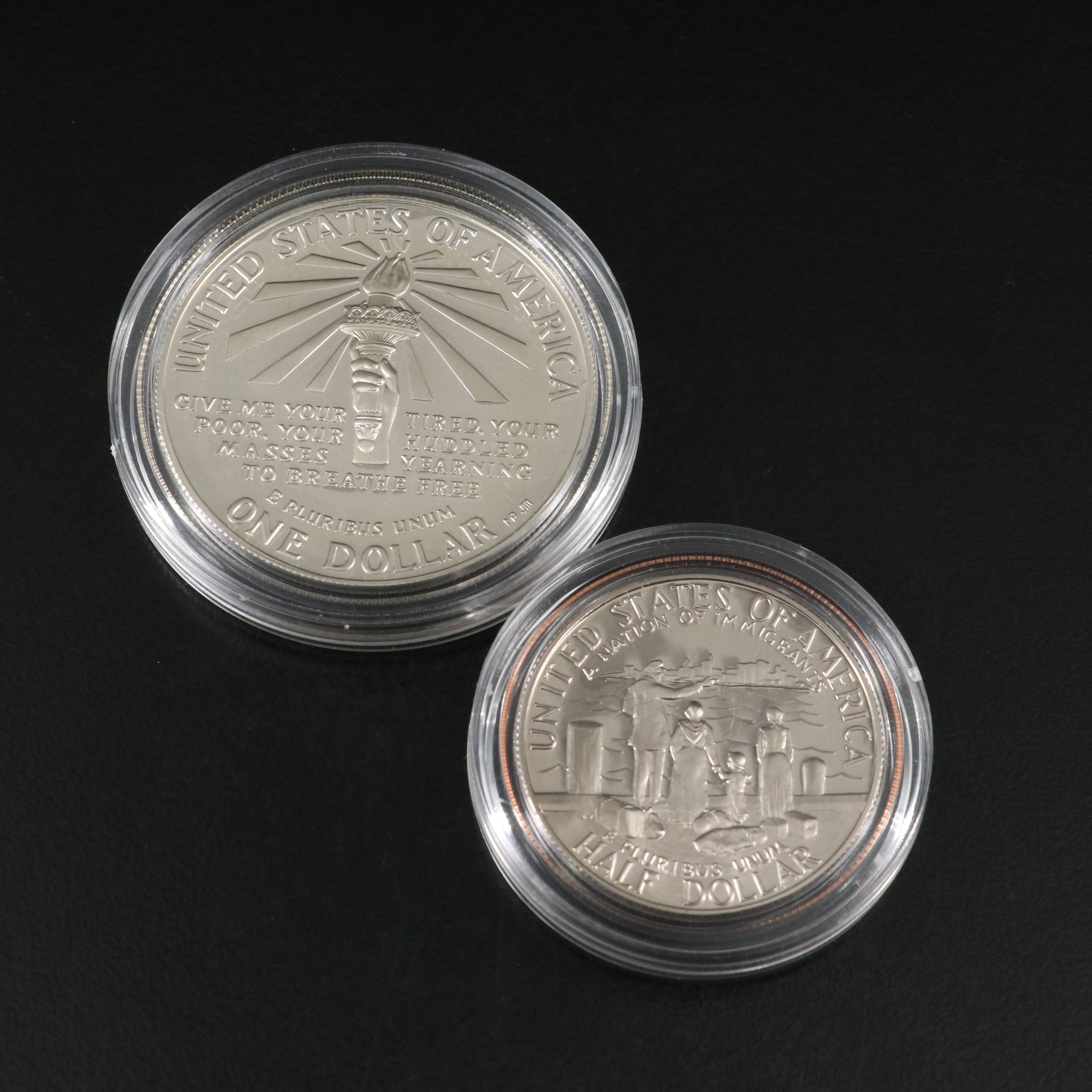 Two Modern Commemorative Proof Silver Dollars and a 1986 Two Piece Liberty Set