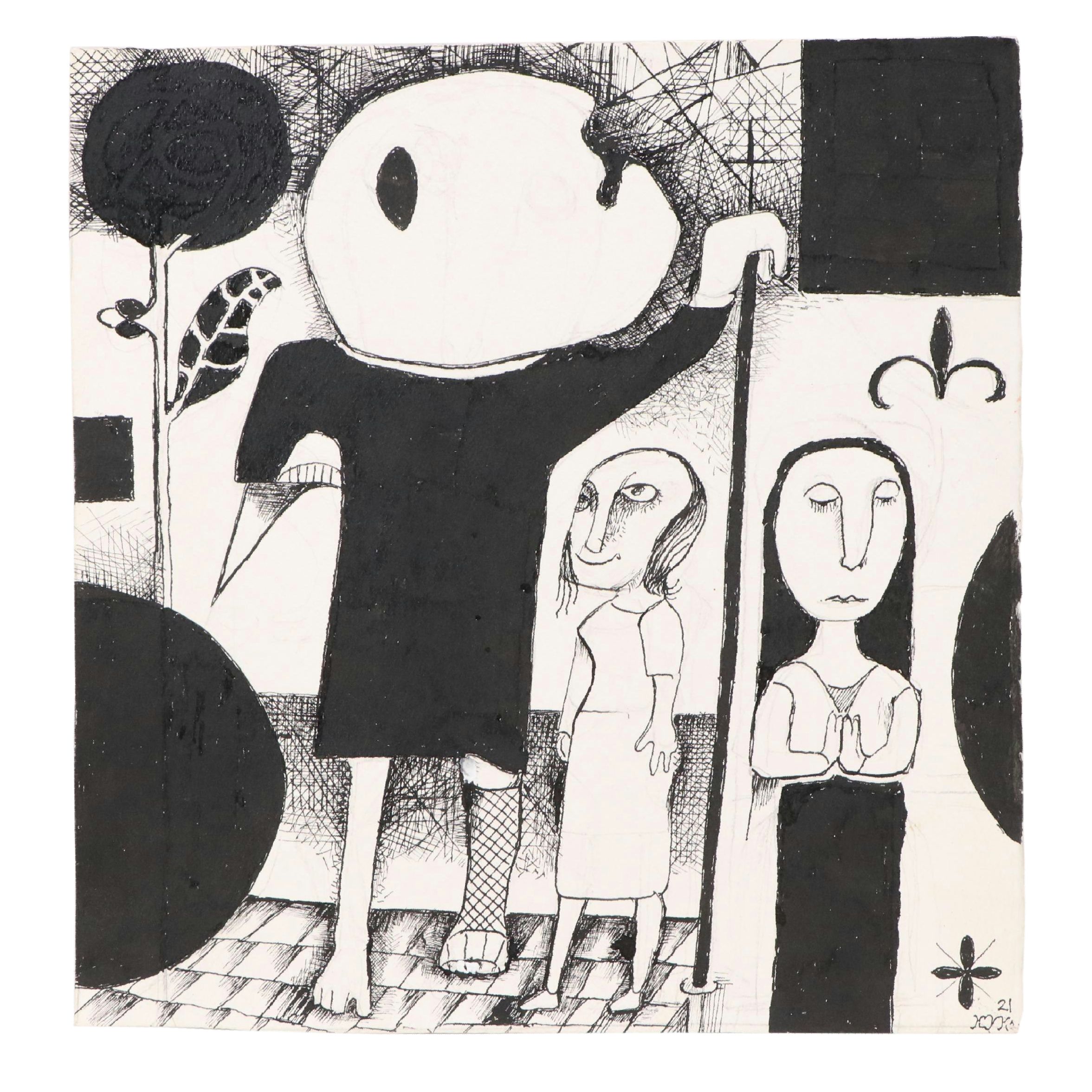 Nikolay Manuylov “Kuk” Figural Surrealist Ink Illustration, 2021