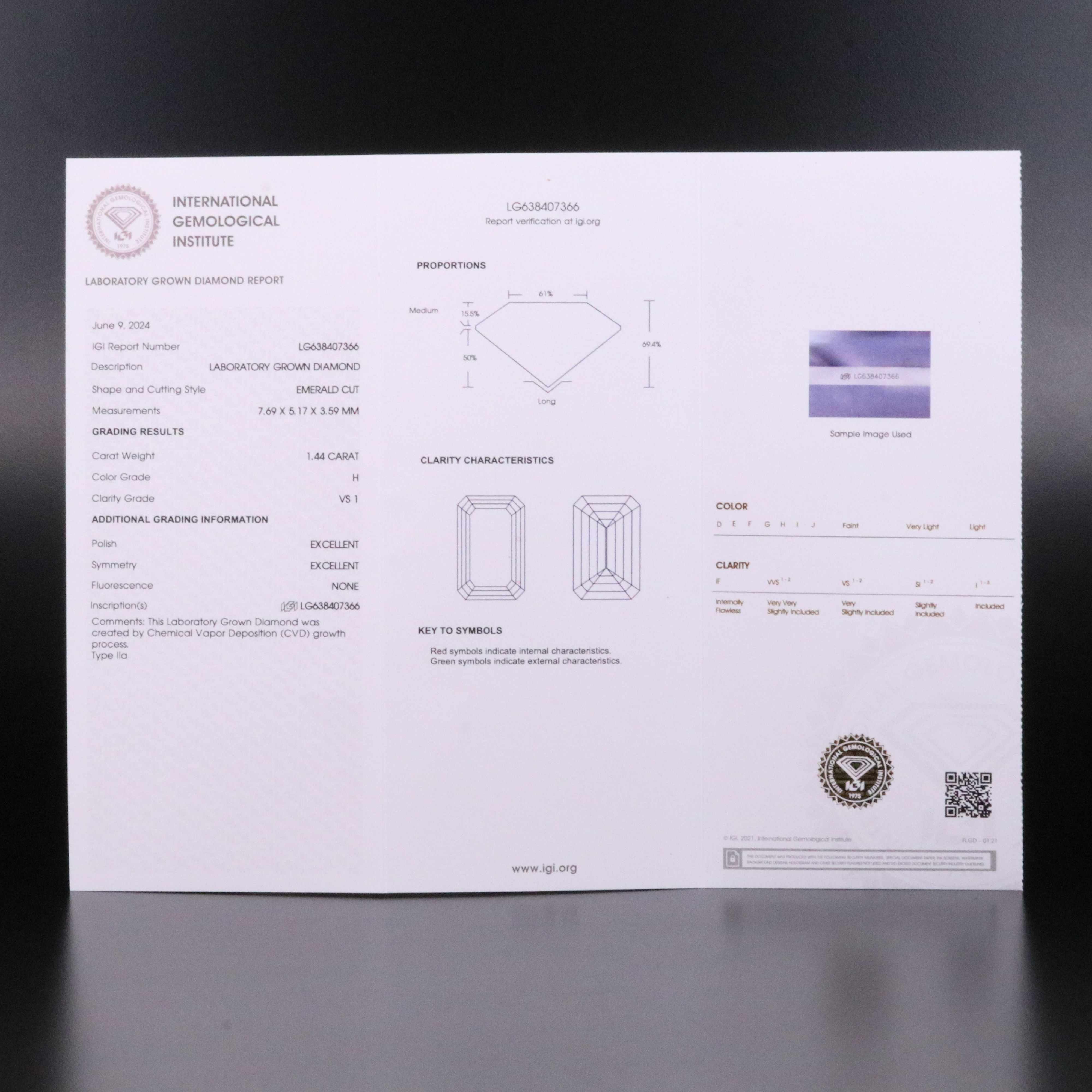 Loose 1.44 CT Lab Grown Diamond with IGI Report