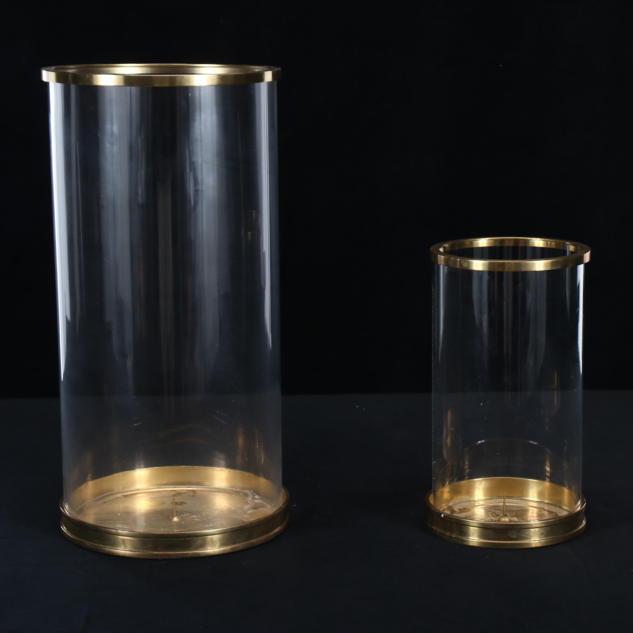 Ralph Lauren Contemporary Brass and Glass Hurricane Candle Holders