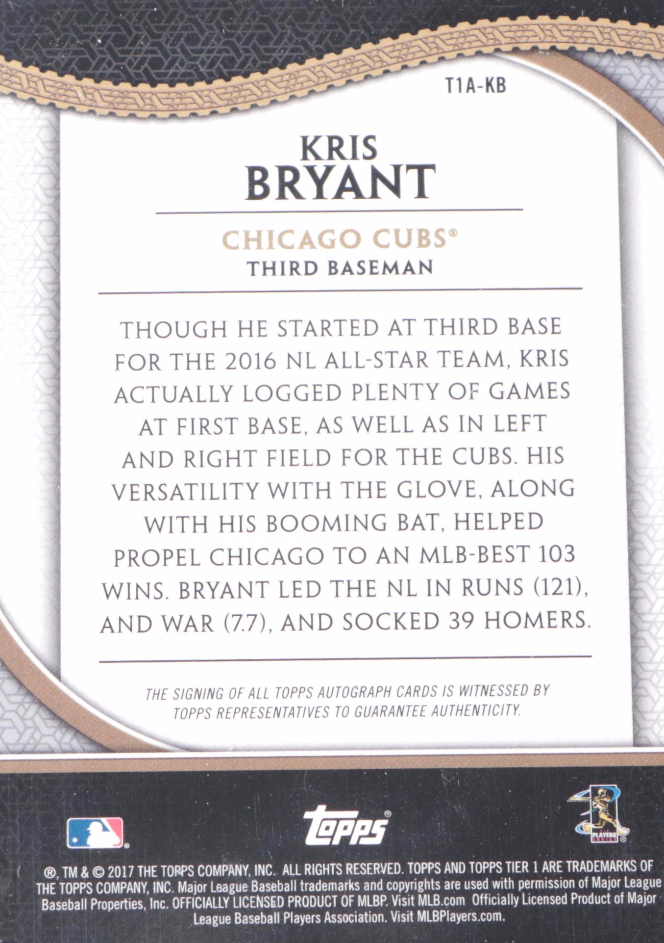 2017 Topps Tier One Kris Bryant Chicago Cubs Signed Baseball Card No. 28/30