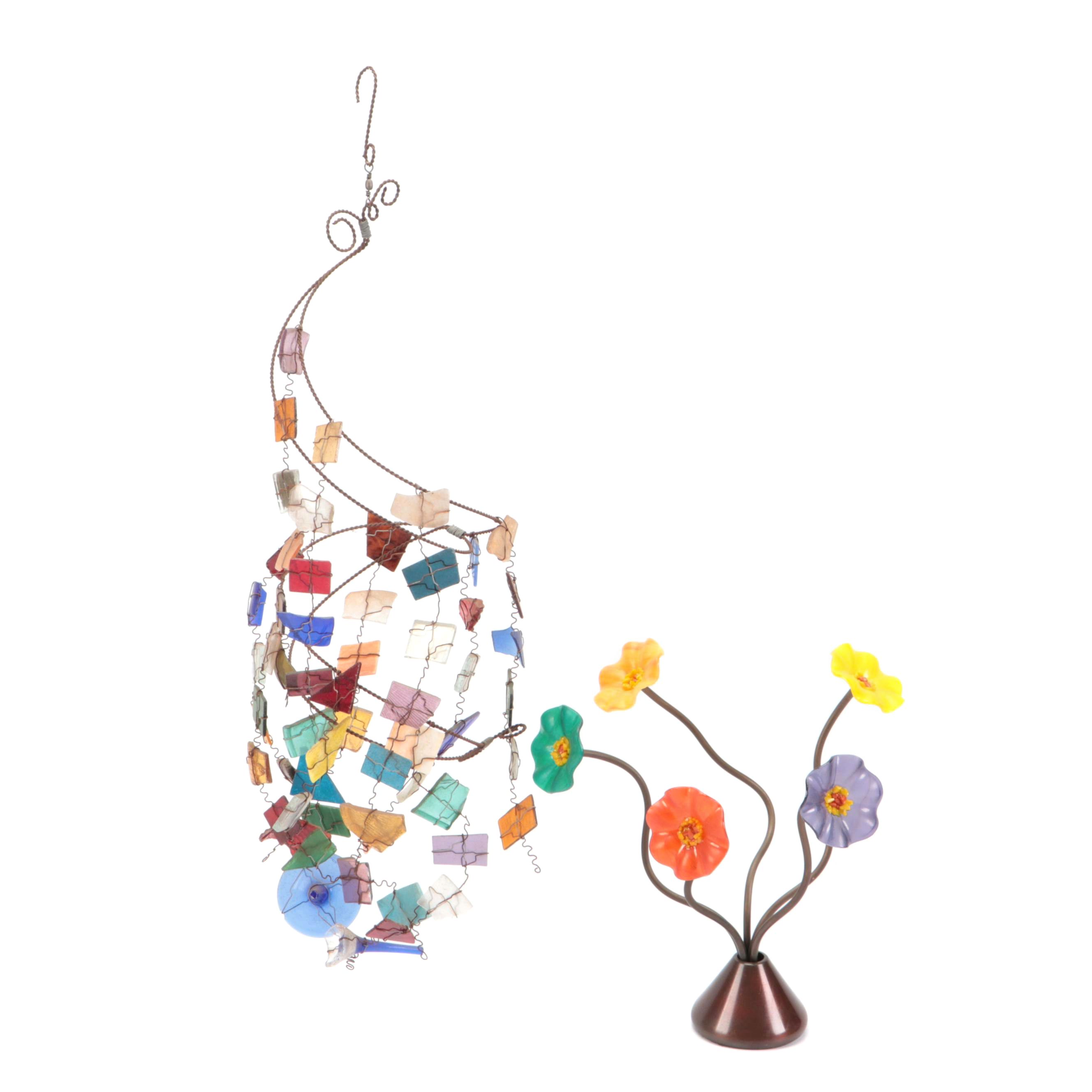 Handmade Art Glass and Metal Kinetic Glass Wind Chime with Glass Flowers