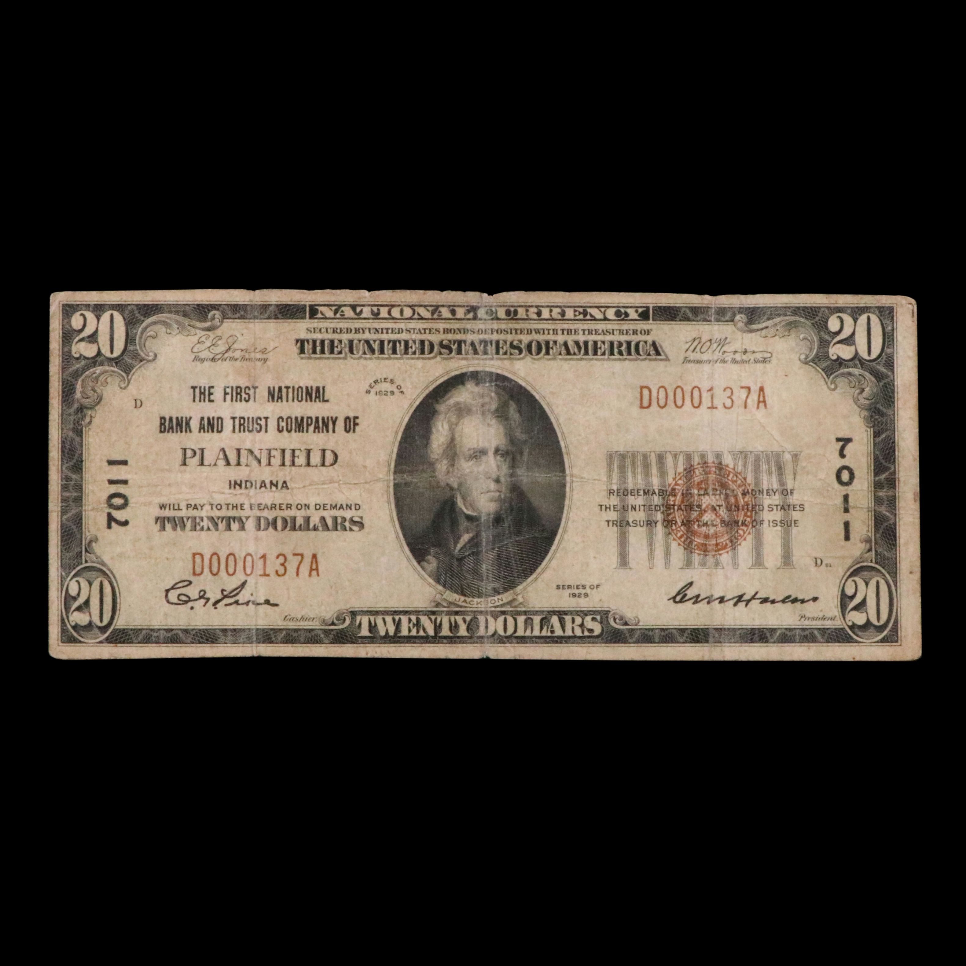 1929 $ 20.00 National Bank Note From the First National Bank of Plainfield, In.
