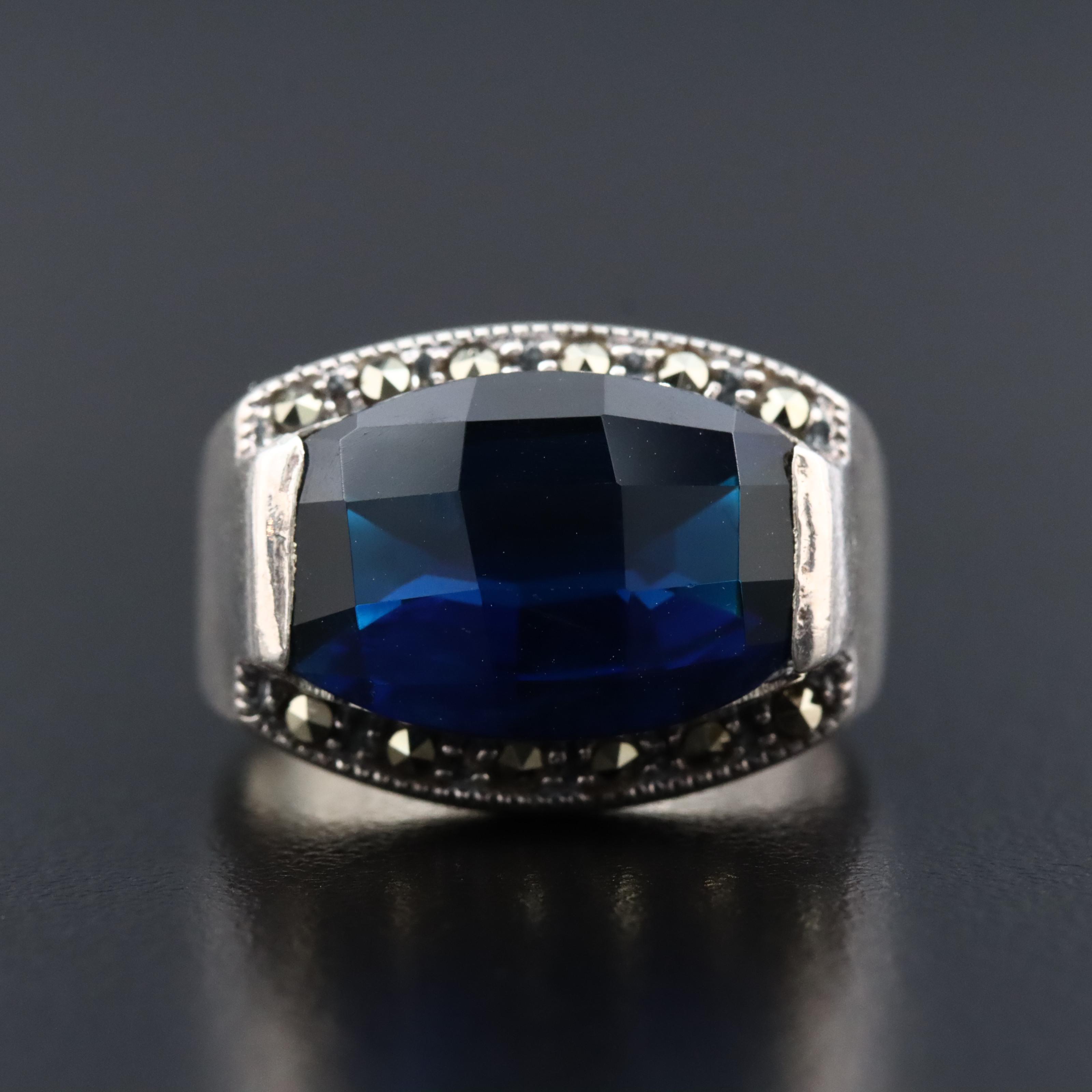 Sterling Faux Sapphire and Marcasite Ring