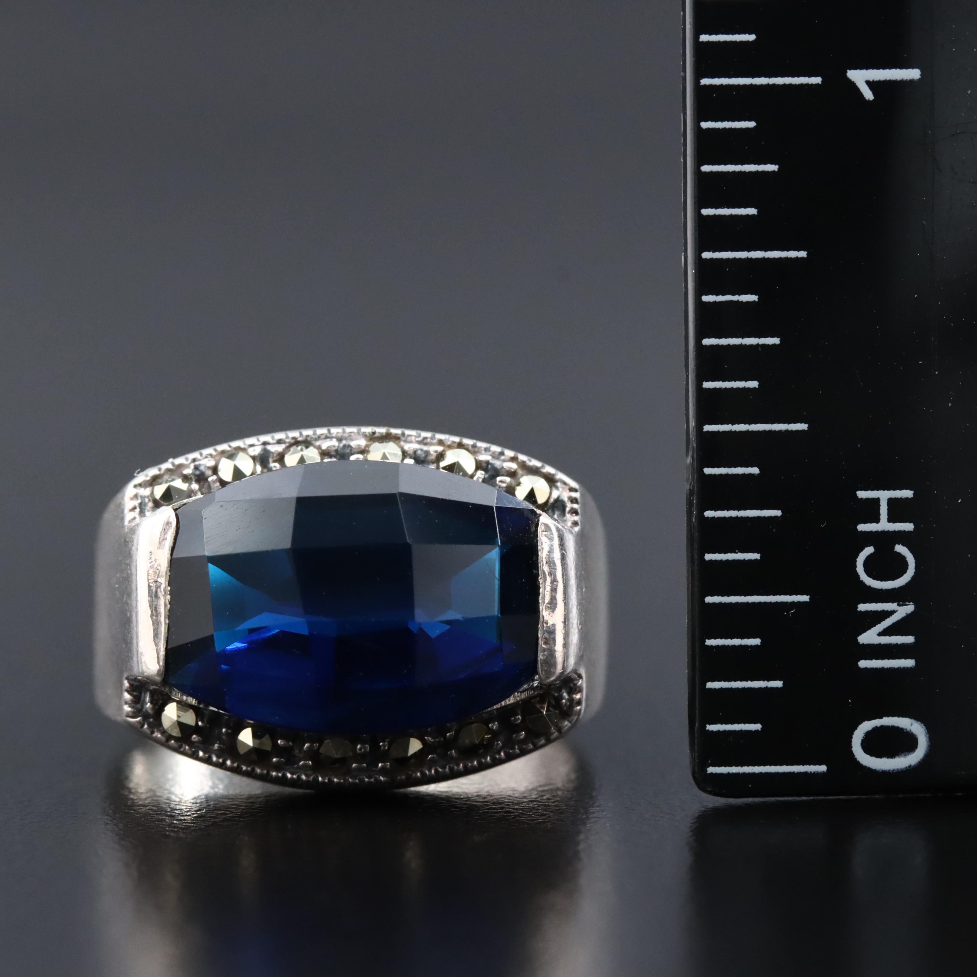 Sterling Faux Sapphire and Marcasite Ring
