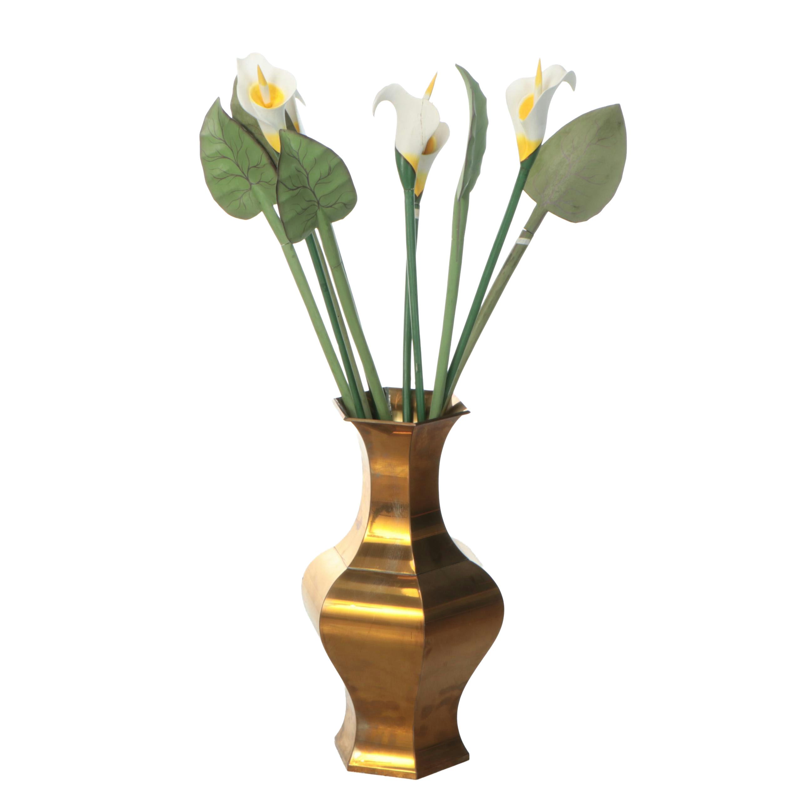 Polychrome Decorated Wood Calla Lilies and Leaves in Brass Vase