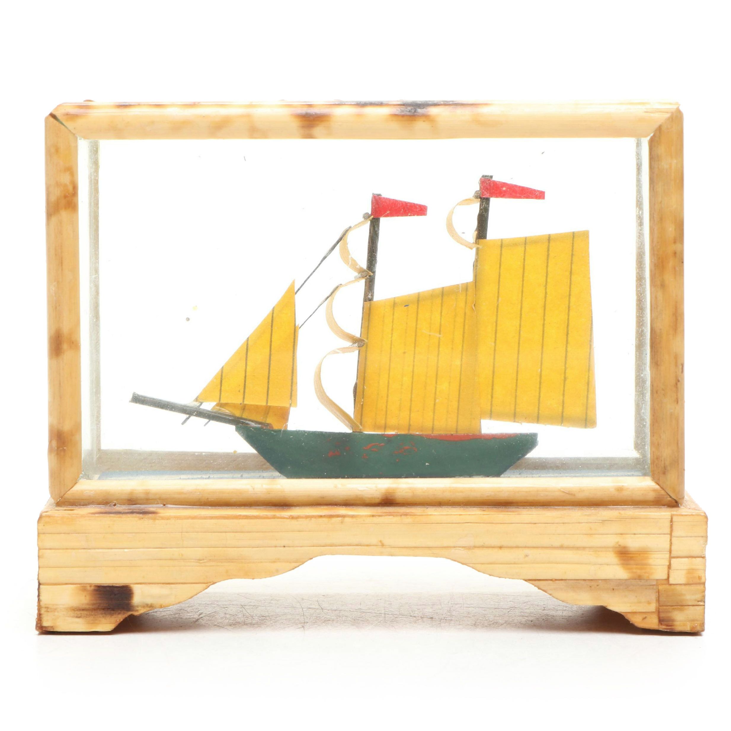 Handmade Paper and Polychrome Wood Model Ship in Bamboo and Glass Case