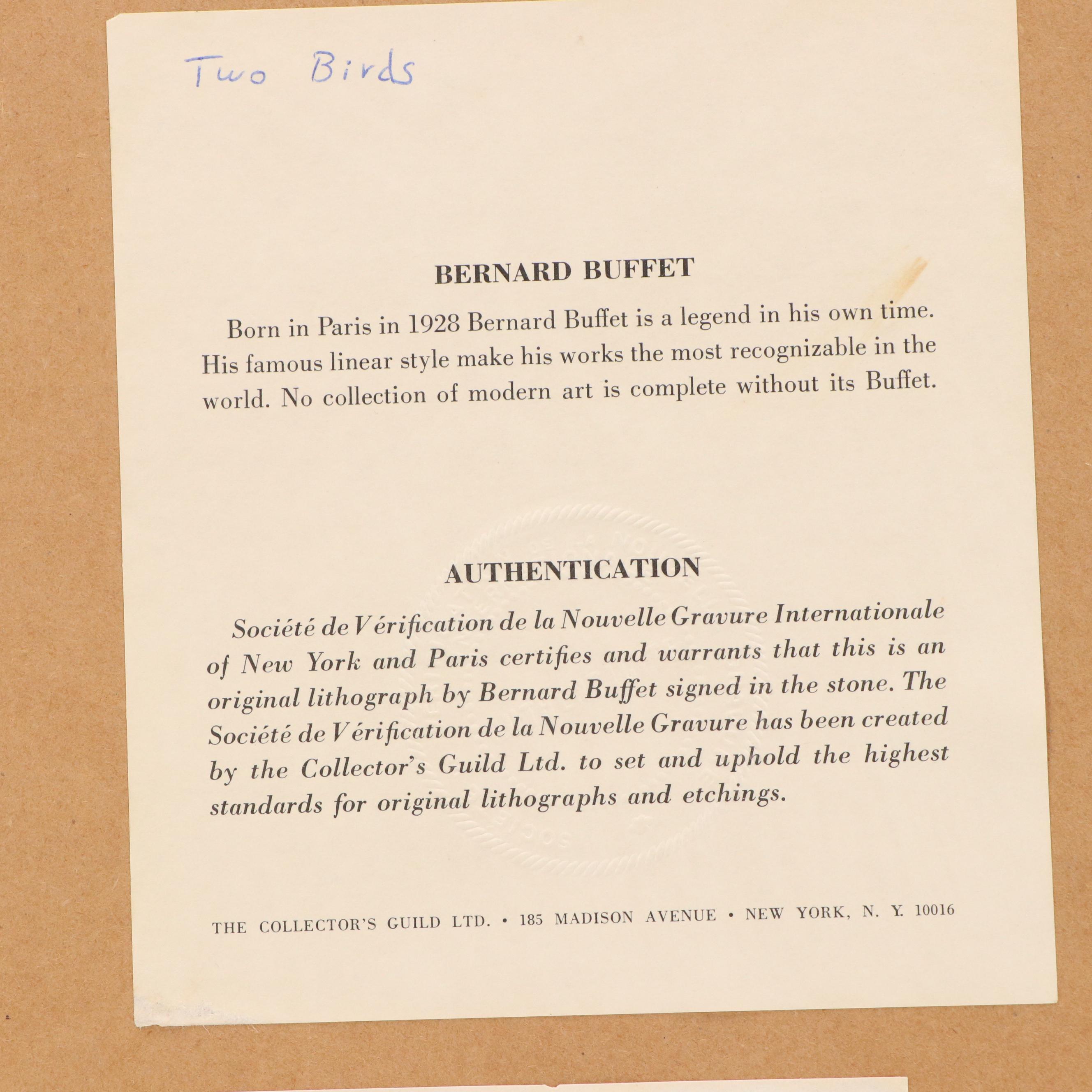 Bernard Buffet Lithograph "Les Deux Oiseaux," Late 20th Century