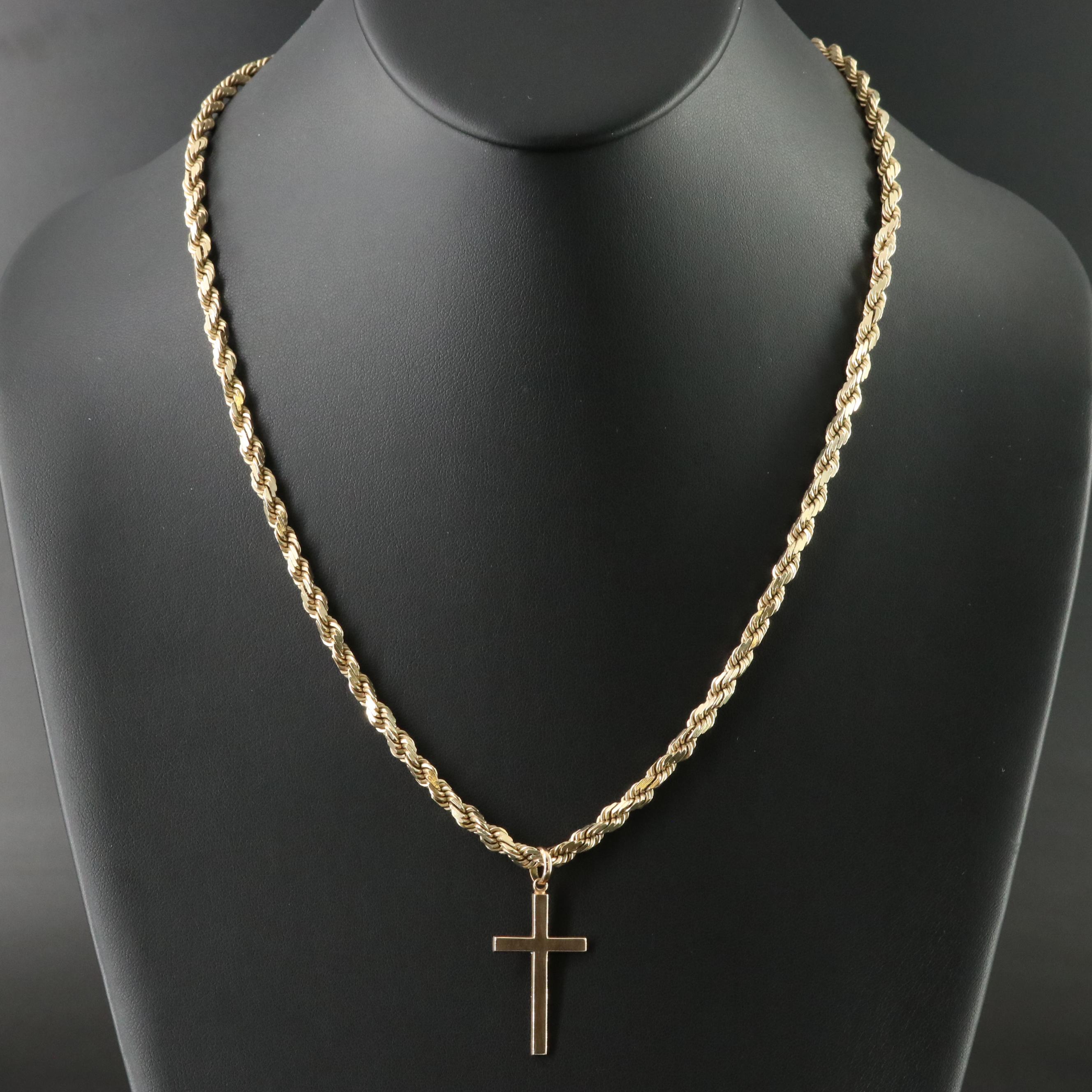 Vintage 10K Braided Rope Chain with 14K Cross Pendant