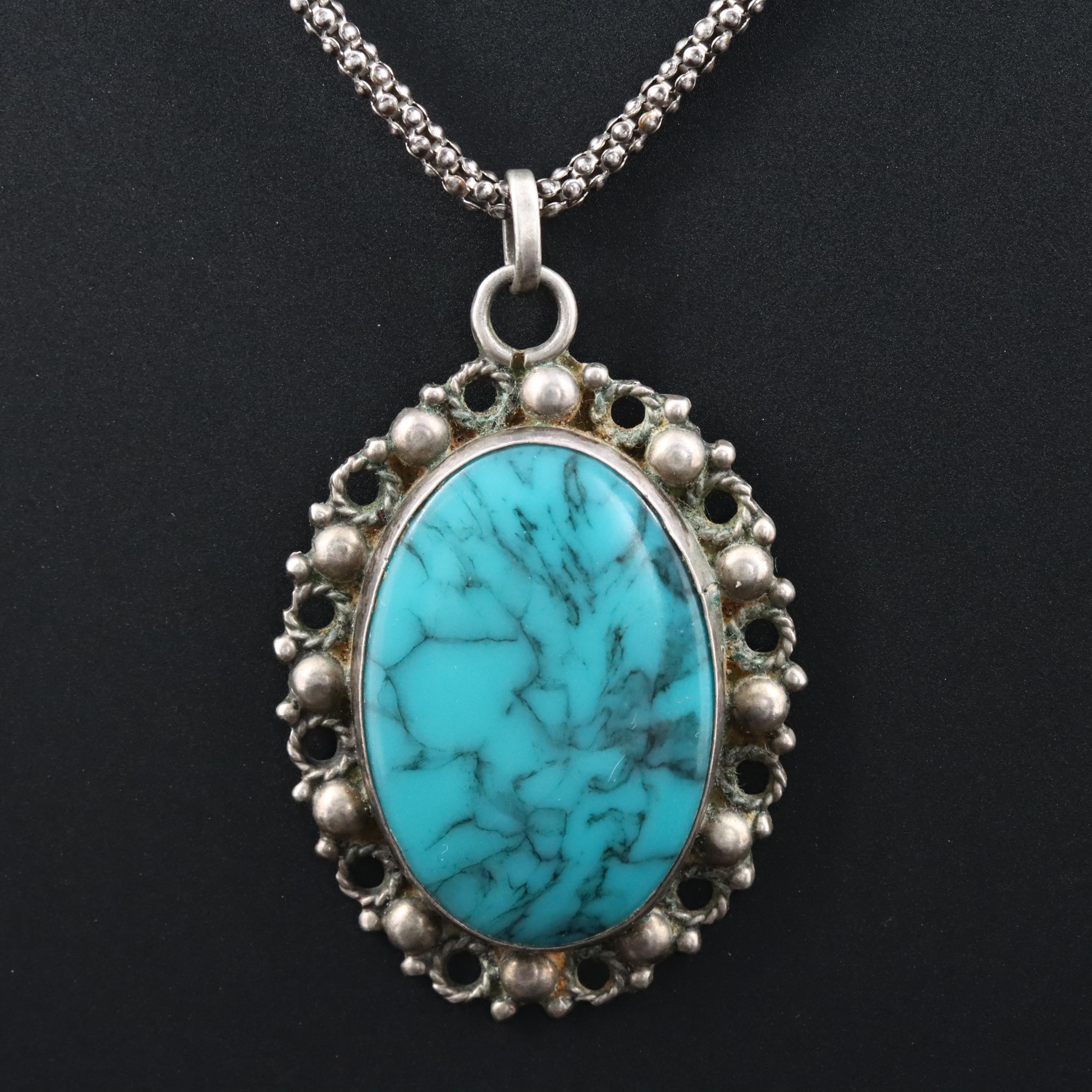 Sterling Faux Turquoise Pendant Necklace