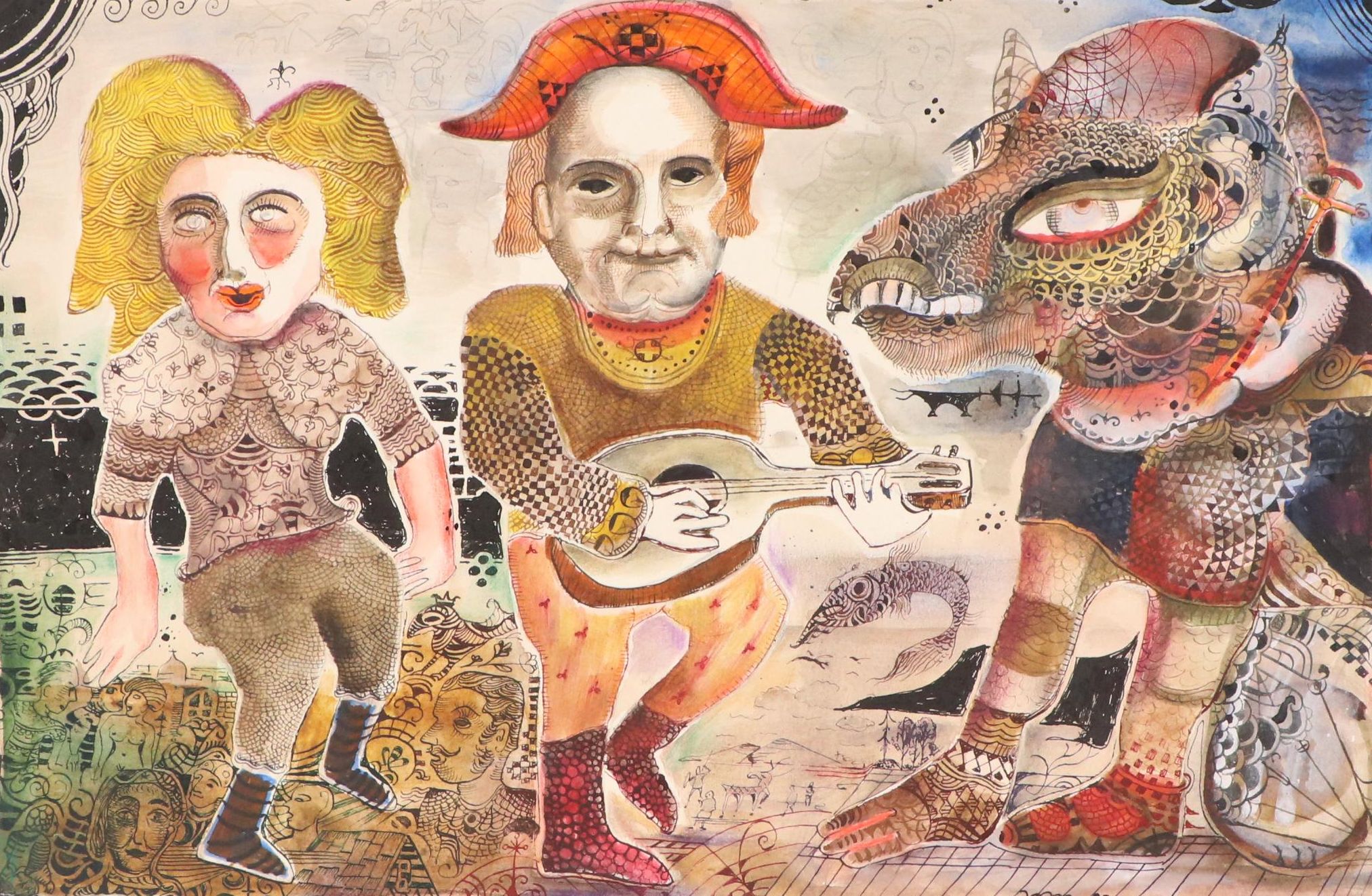 Nikolay "Kuk" Manuylov Figural Surrealist Mixed Media Painting, 1998