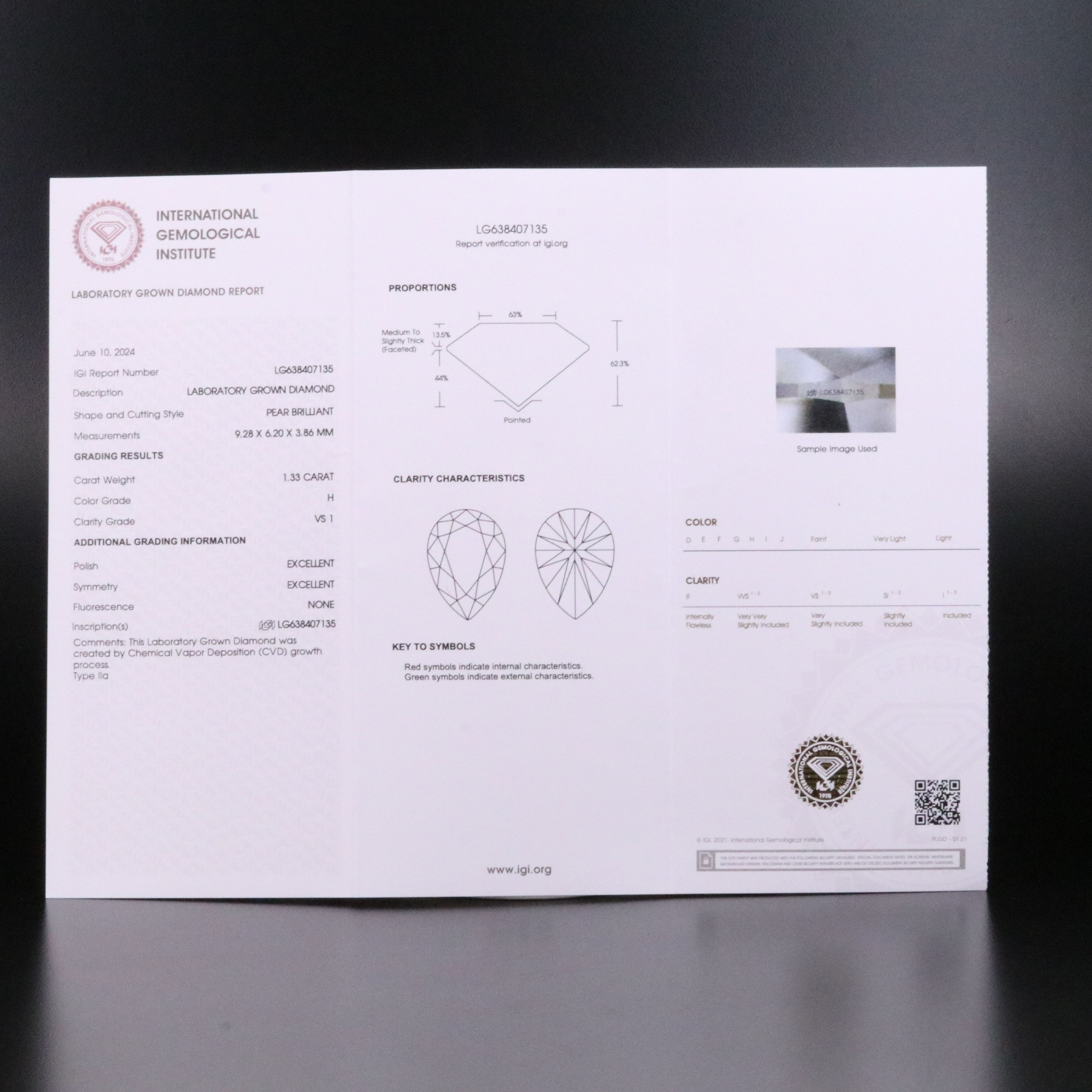 Loose 1.33 CT Lab Grown Diamond with IGI Report