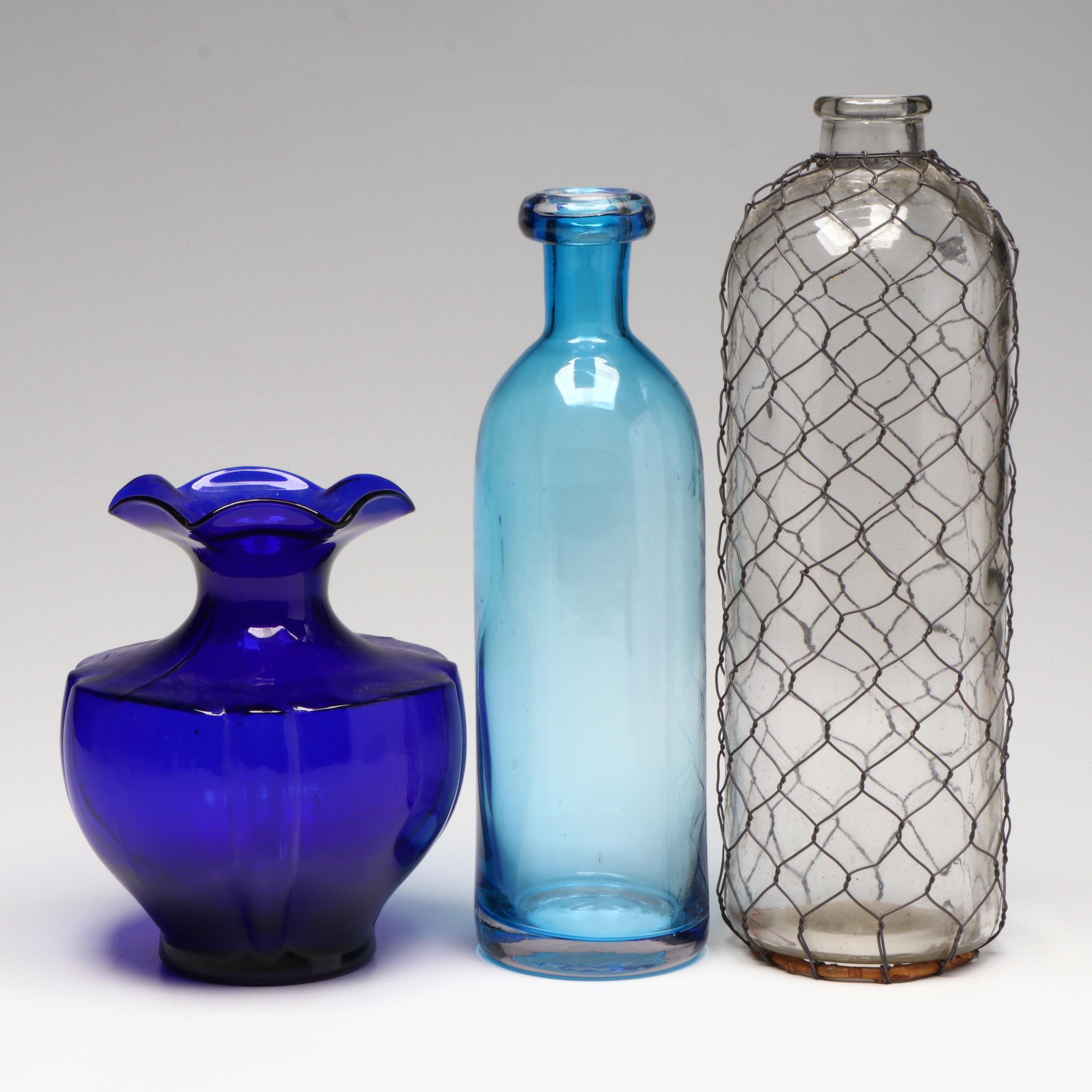 French Country Caged Bottle with Other Blue Glass Bottle and Vase