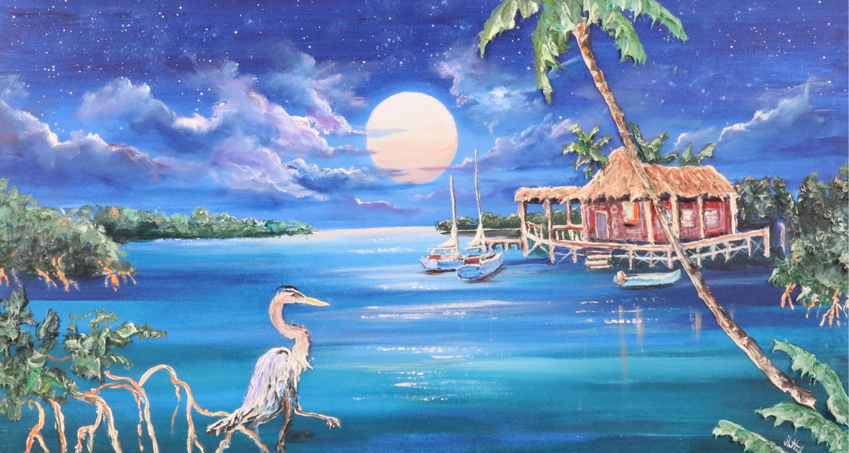 Floridian Nocturne Seascape Impasto Acrylic Painting with Heron and Bungalow