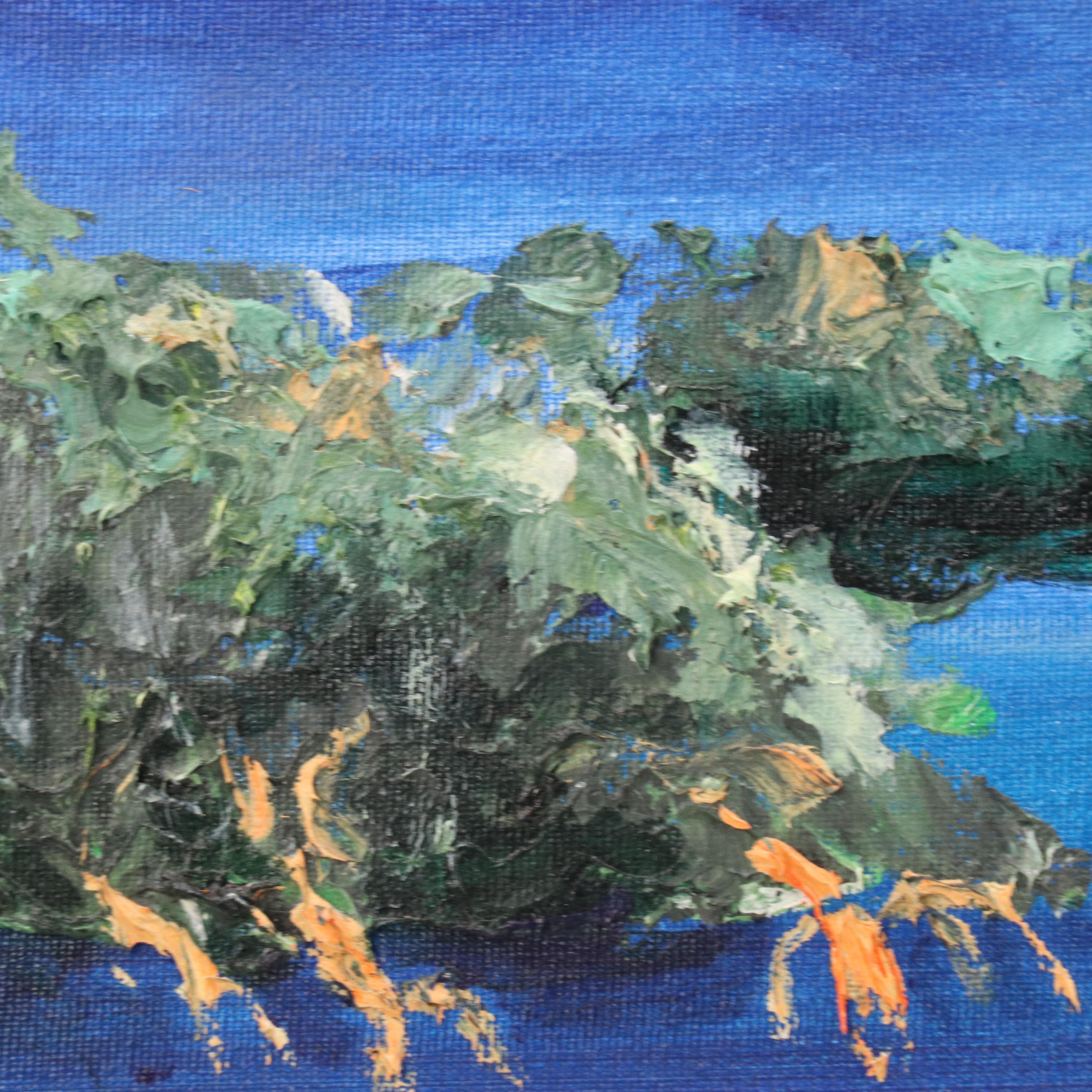 Floridian Nocturne Seascape Impasto Acrylic Painting with Heron and Bungalow