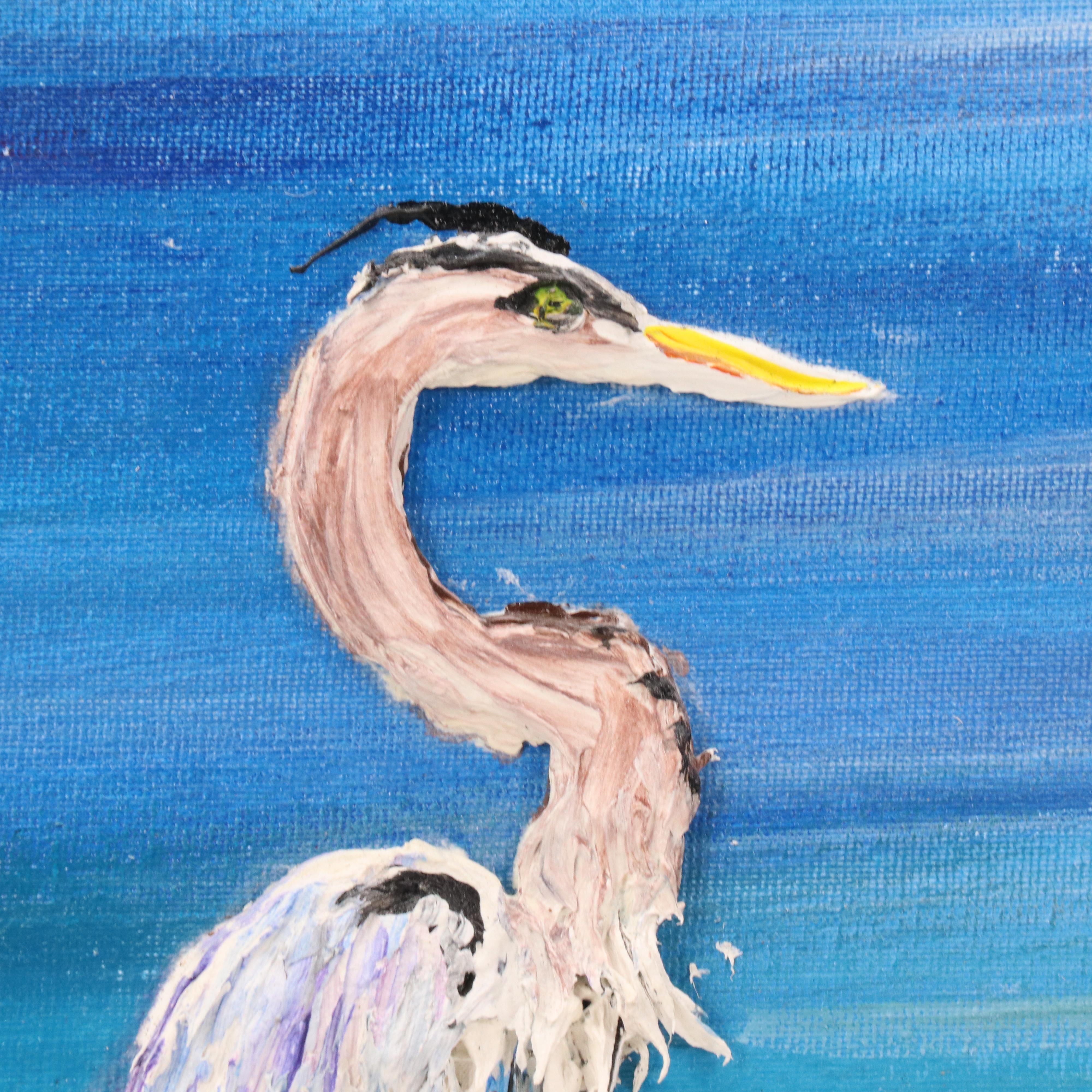 Floridian Nocturne Seascape Impasto Acrylic Painting with Heron and Bungalow