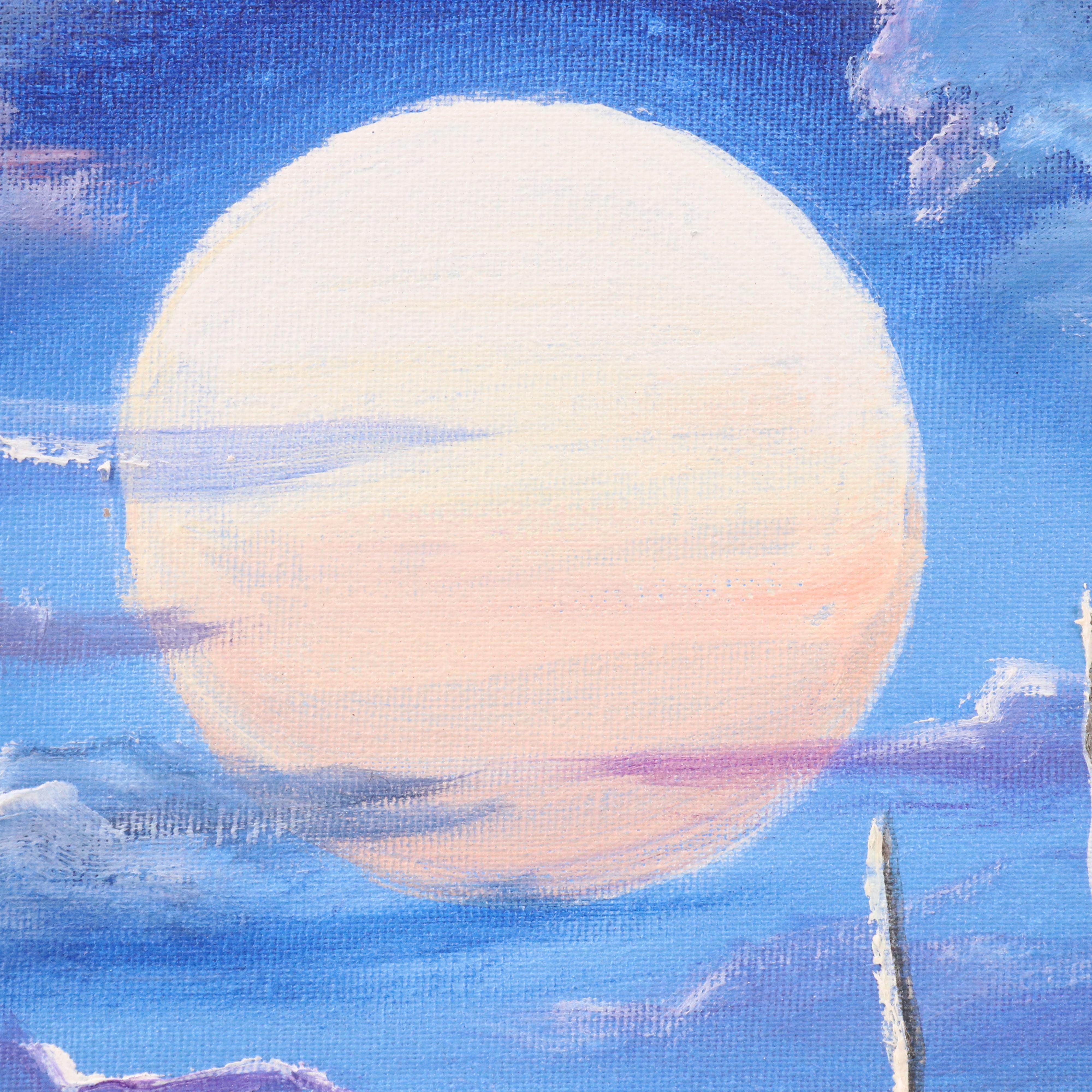 Floridian Nocturne Seascape Impasto Acrylic Painting with Heron and Bungalow