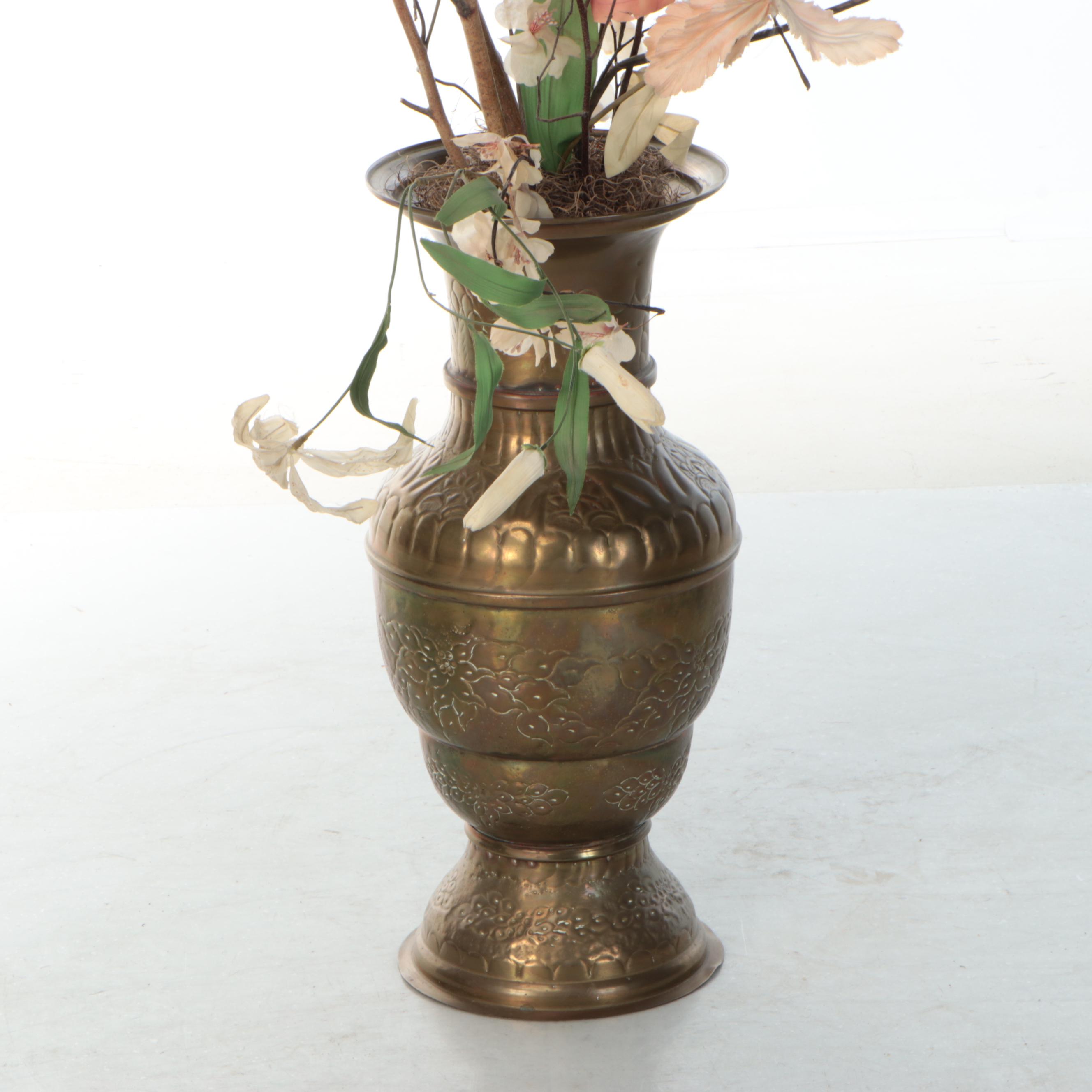 Indian Engraved Brass Vase with Artificial Flower Arrangement