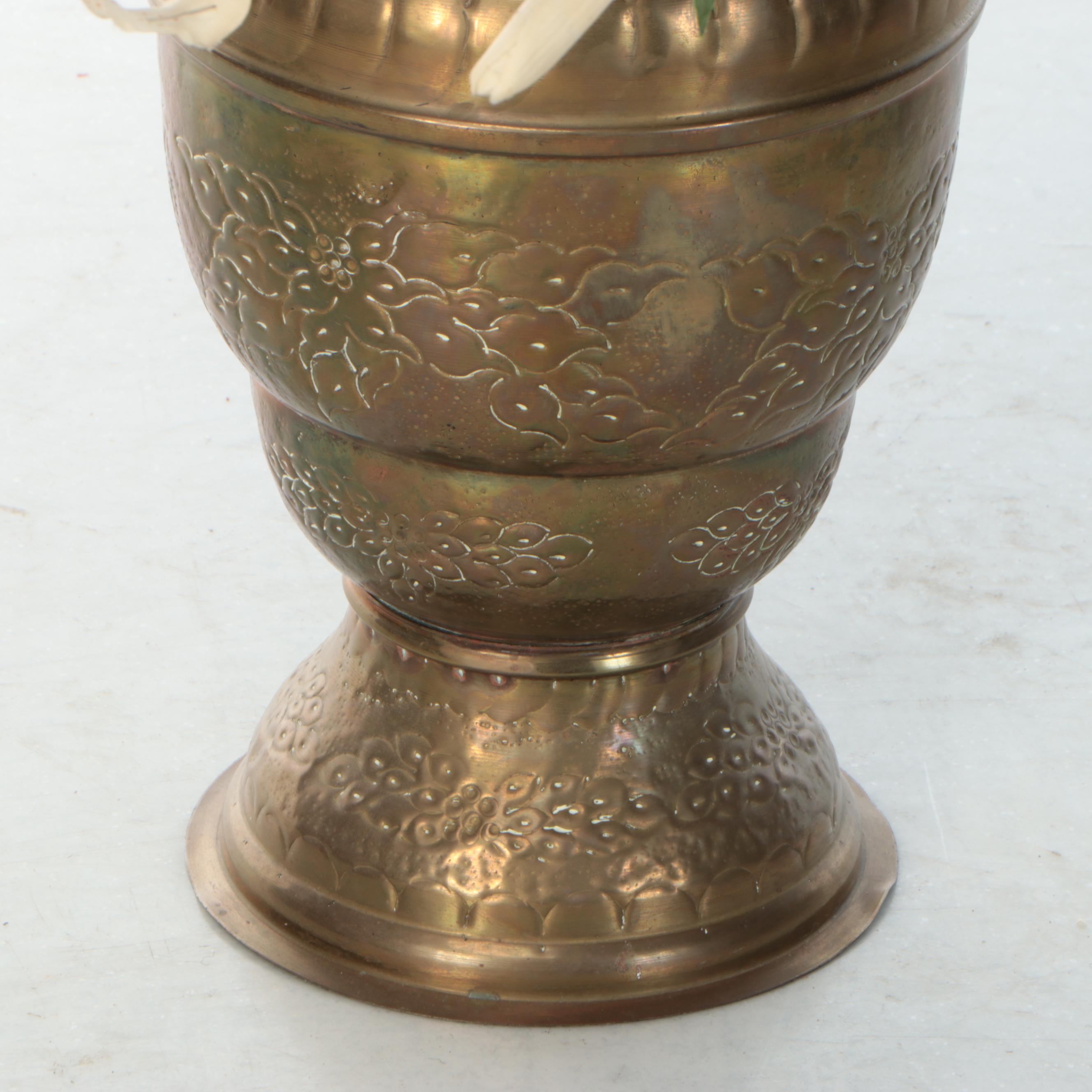 Indian Engraved Brass Vase with Artificial Flower Arrangement