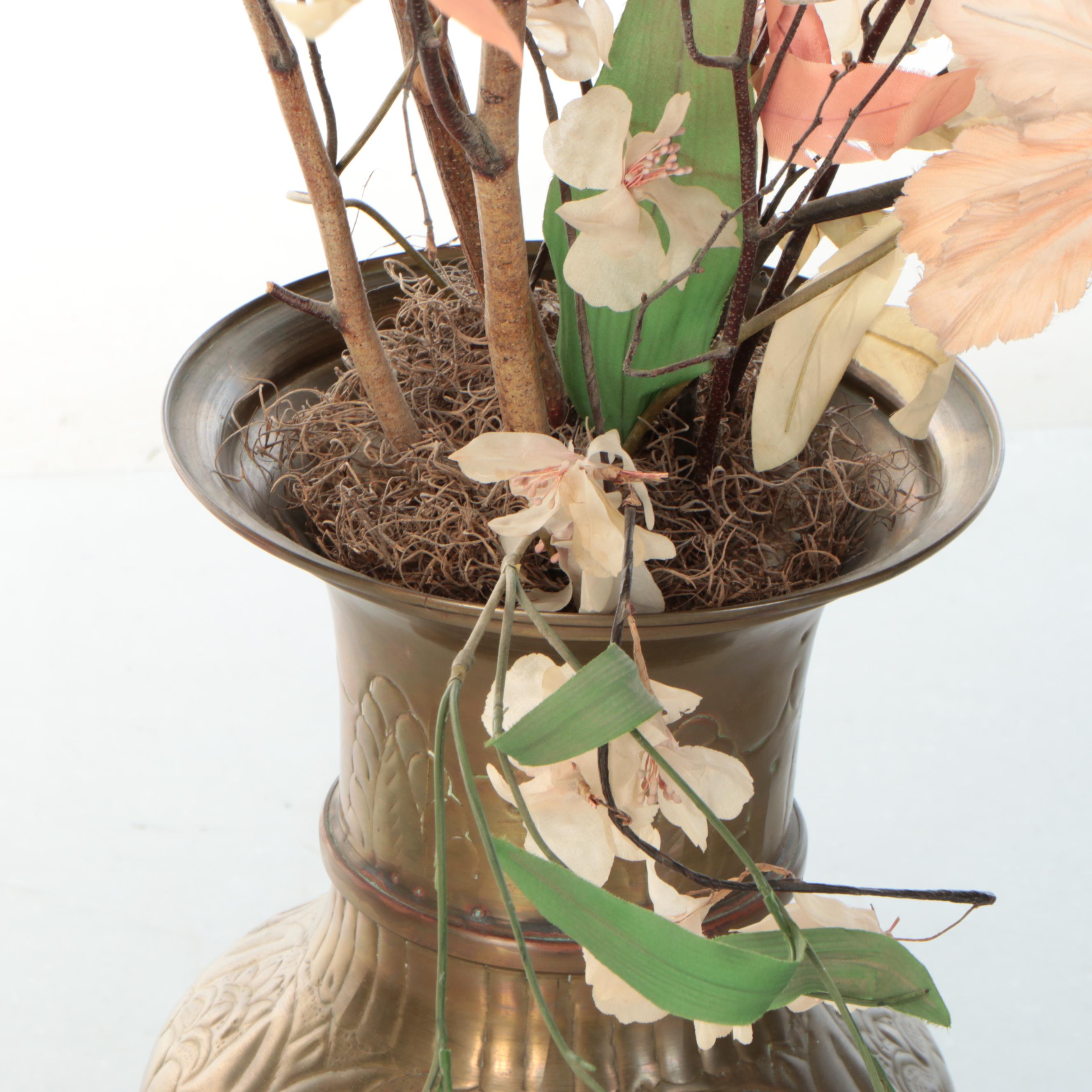 Indian Engraved Brass Vase with Artificial Flower Arrangement