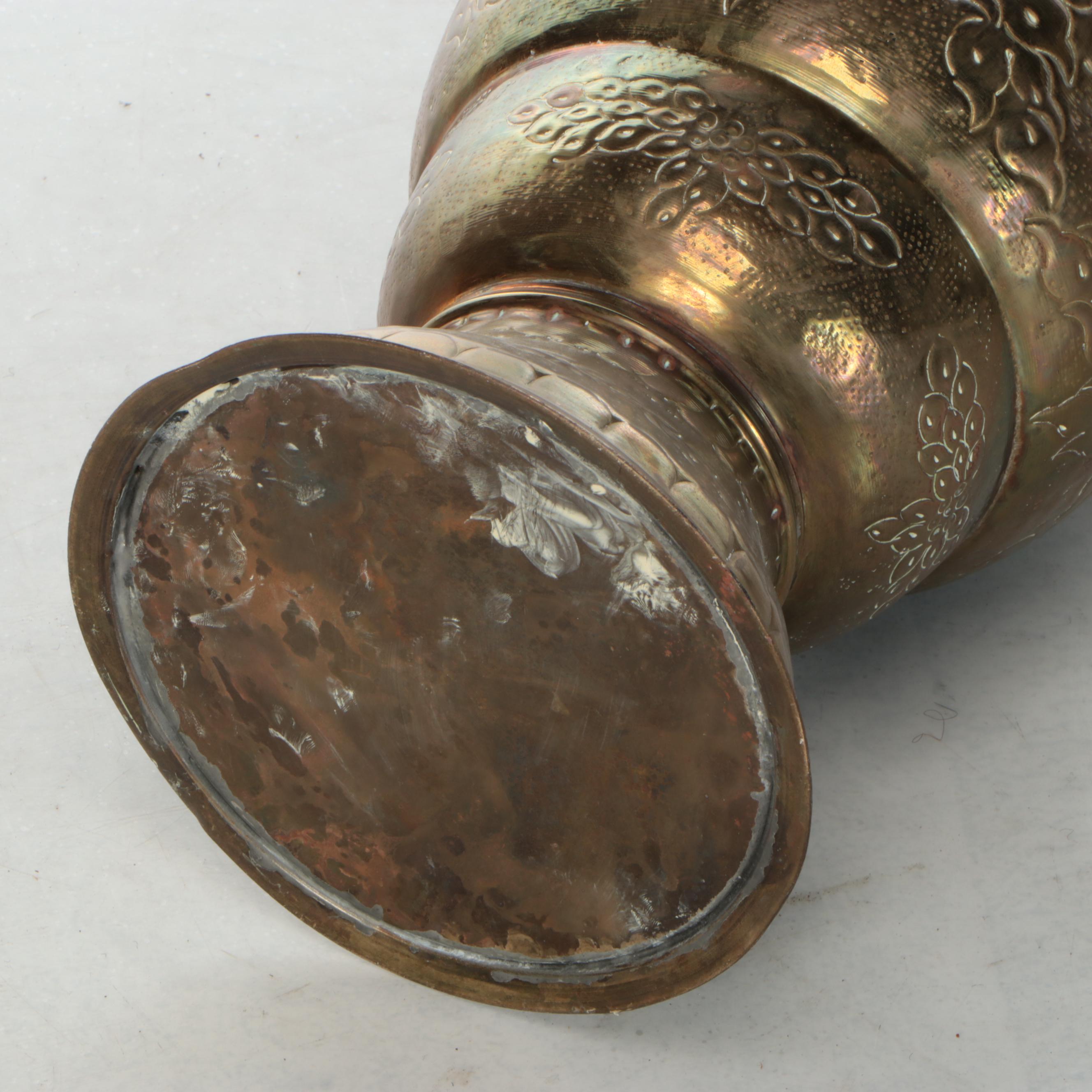 Indian Engraved Brass Vase with Artificial Flower Arrangement