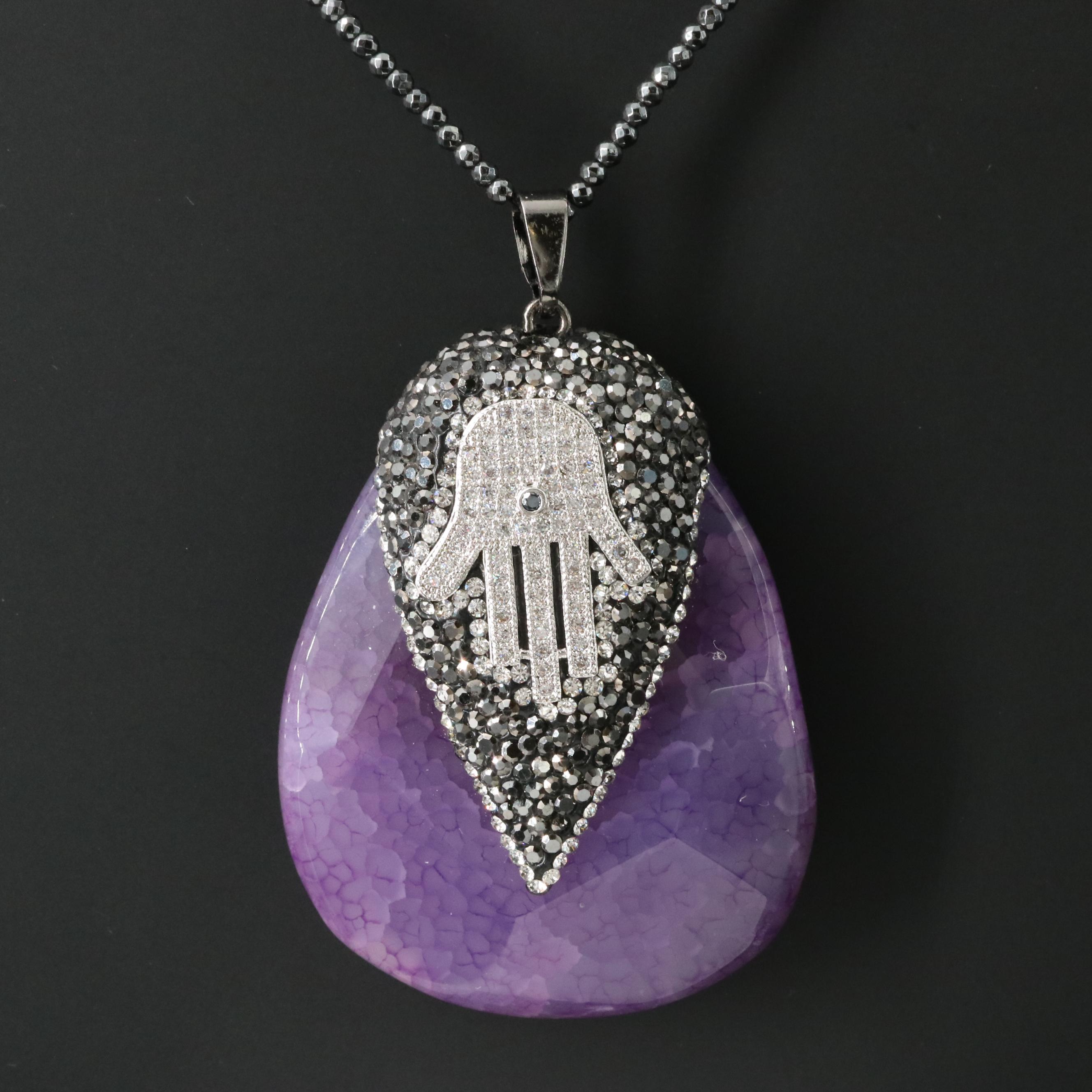 Quartz Hamsa Pendant Necklace with Hematite and Glass