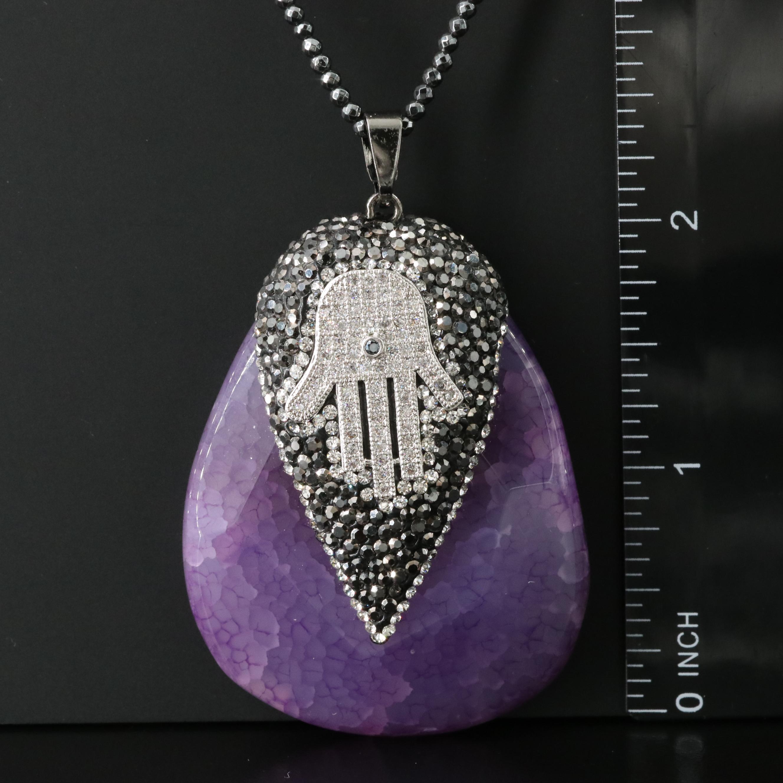 Quartz Hamsa Pendant Necklace with Hematite and Glass