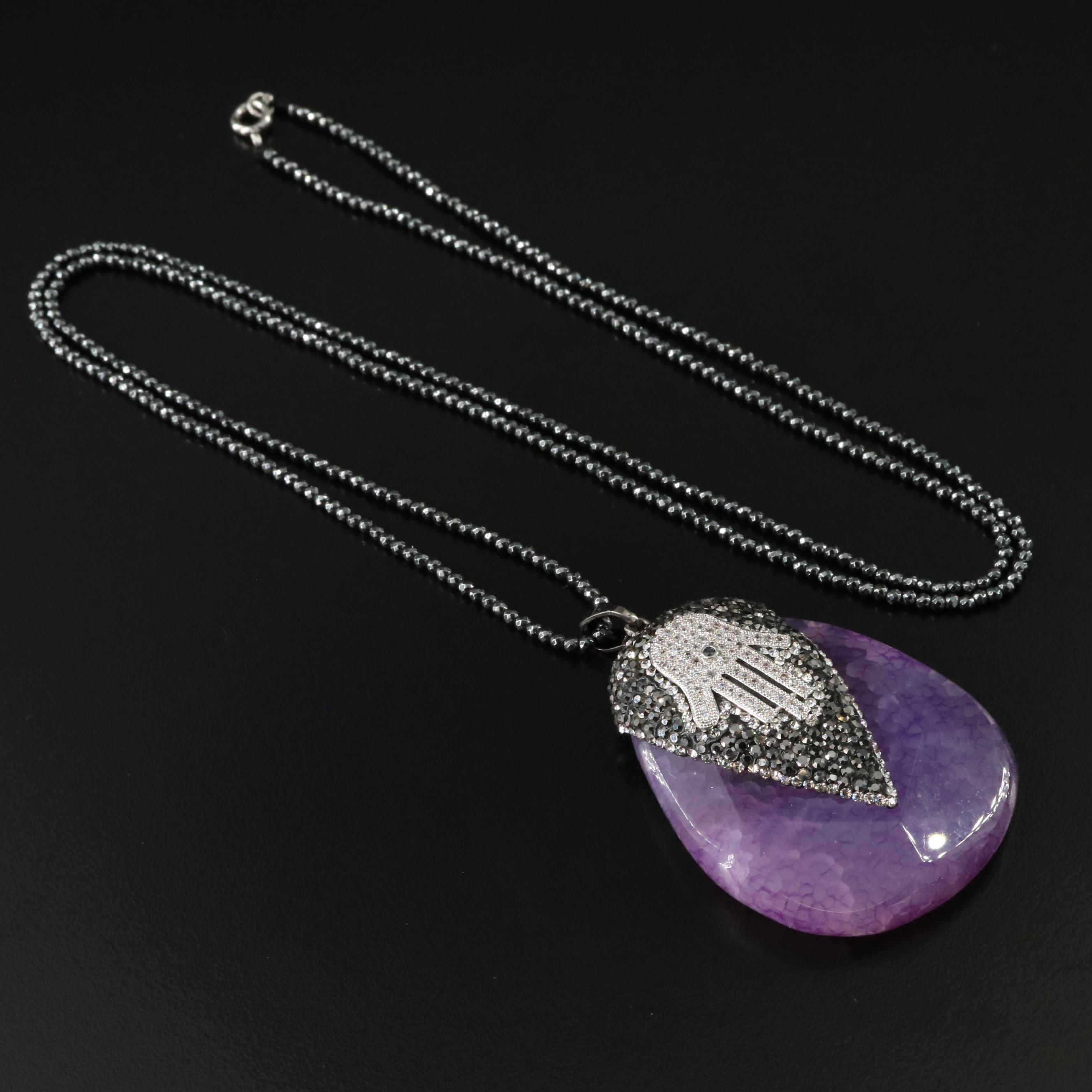 Quartz Hamsa Pendant Necklace with Hematite and Glass