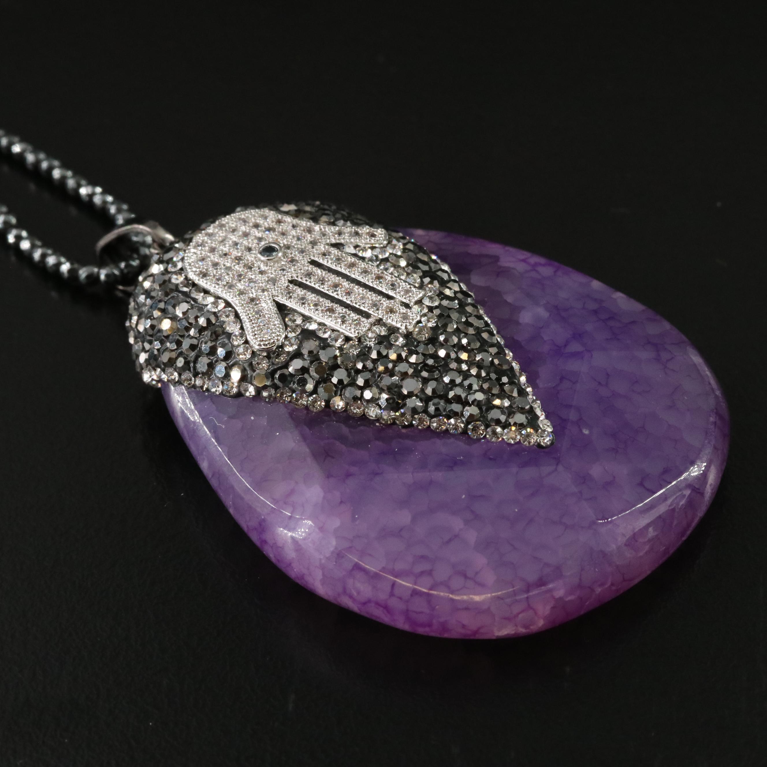 Quartz Hamsa Pendant Necklace with Hematite and Glass