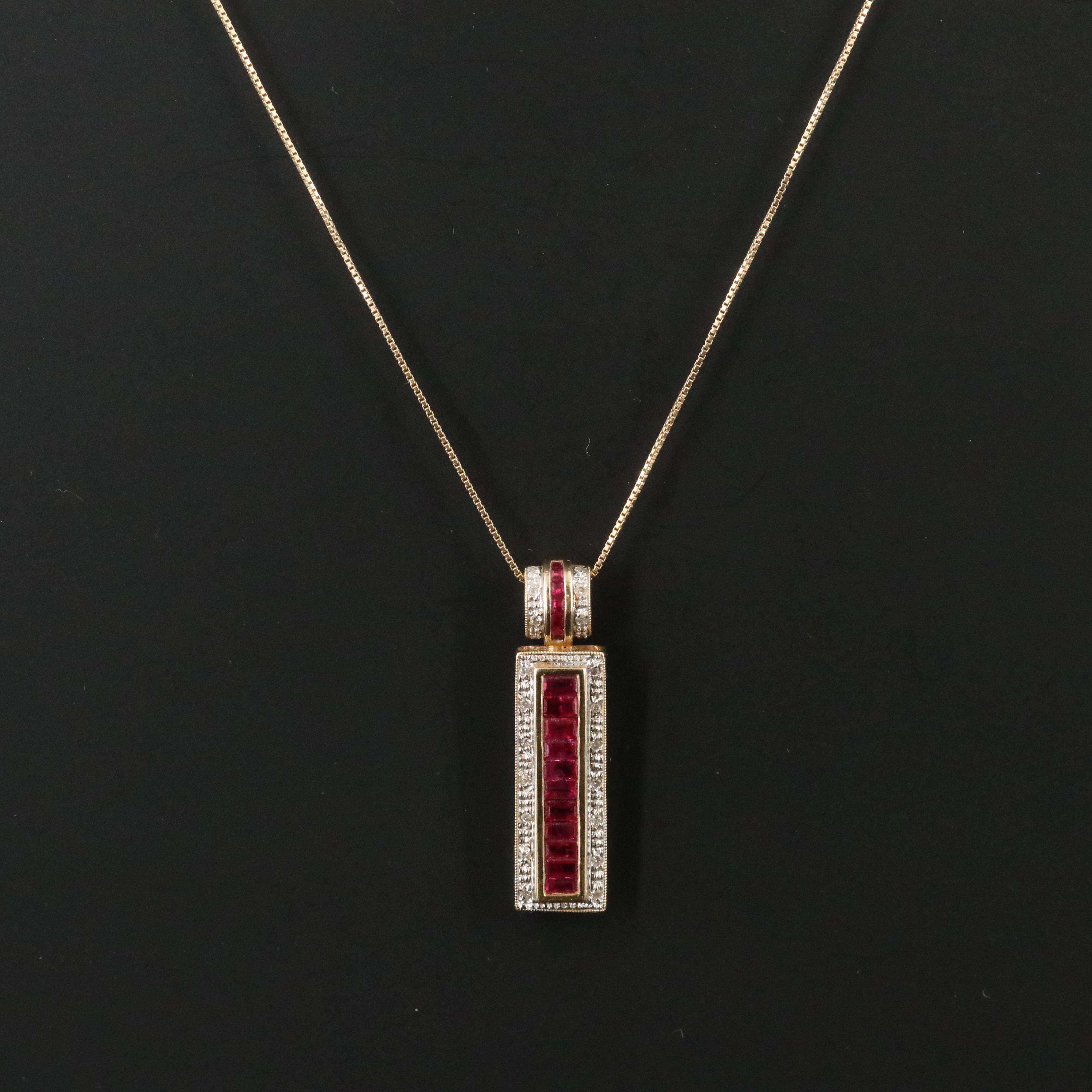14K Ruby and Diamond Bar Pendant Necklace