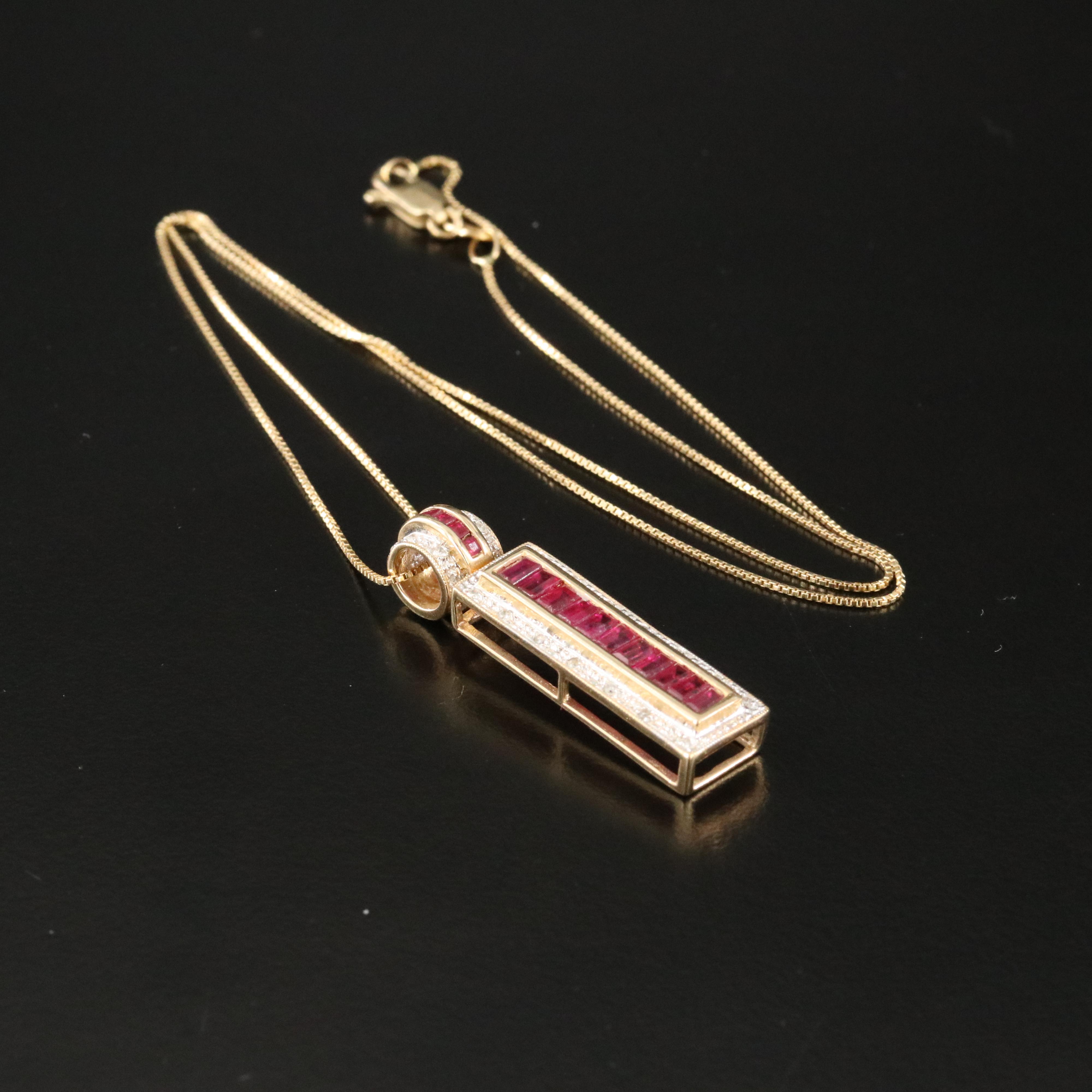 14K Ruby and Diamond Bar Pendant Necklace