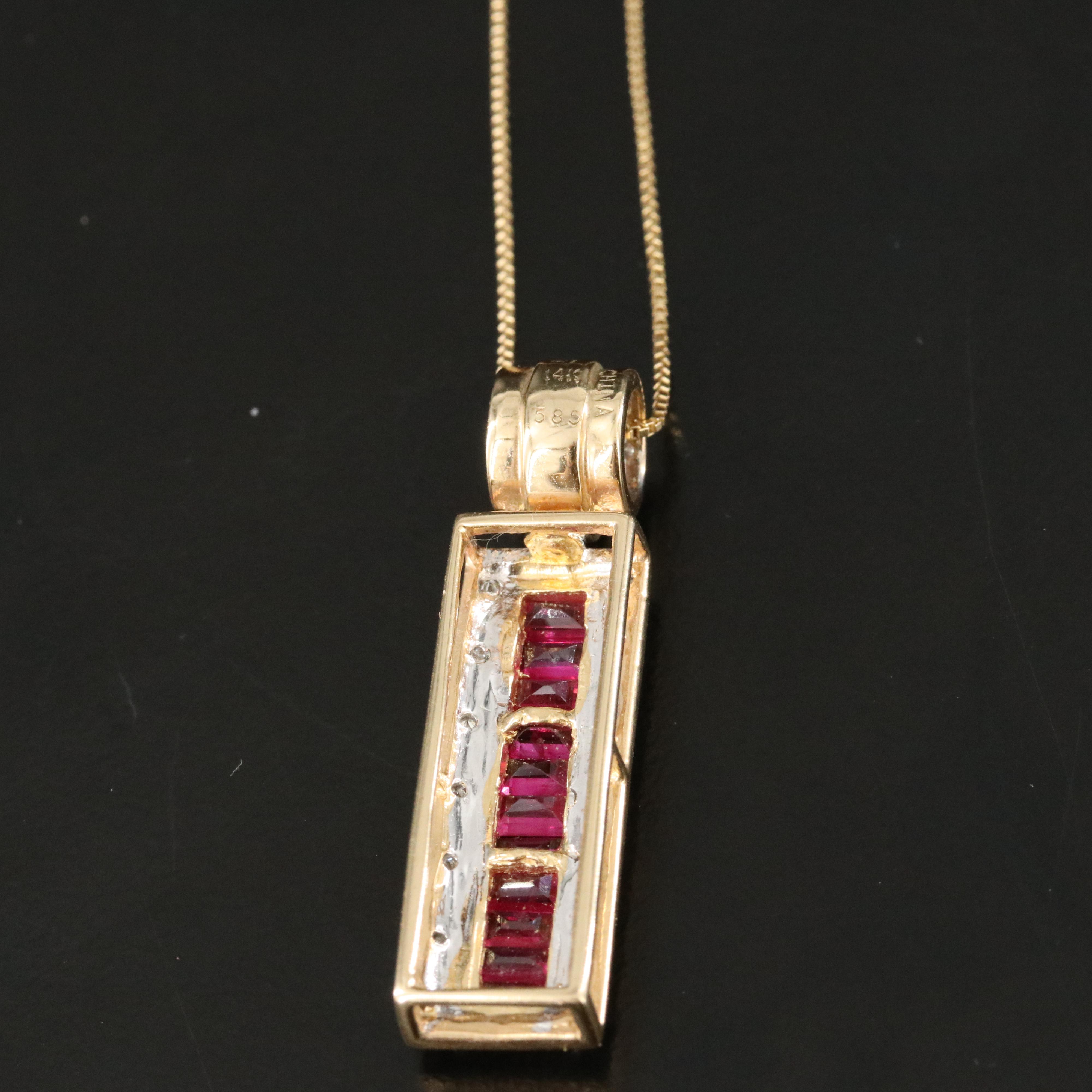 14K Ruby and Diamond Bar Pendant Necklace
