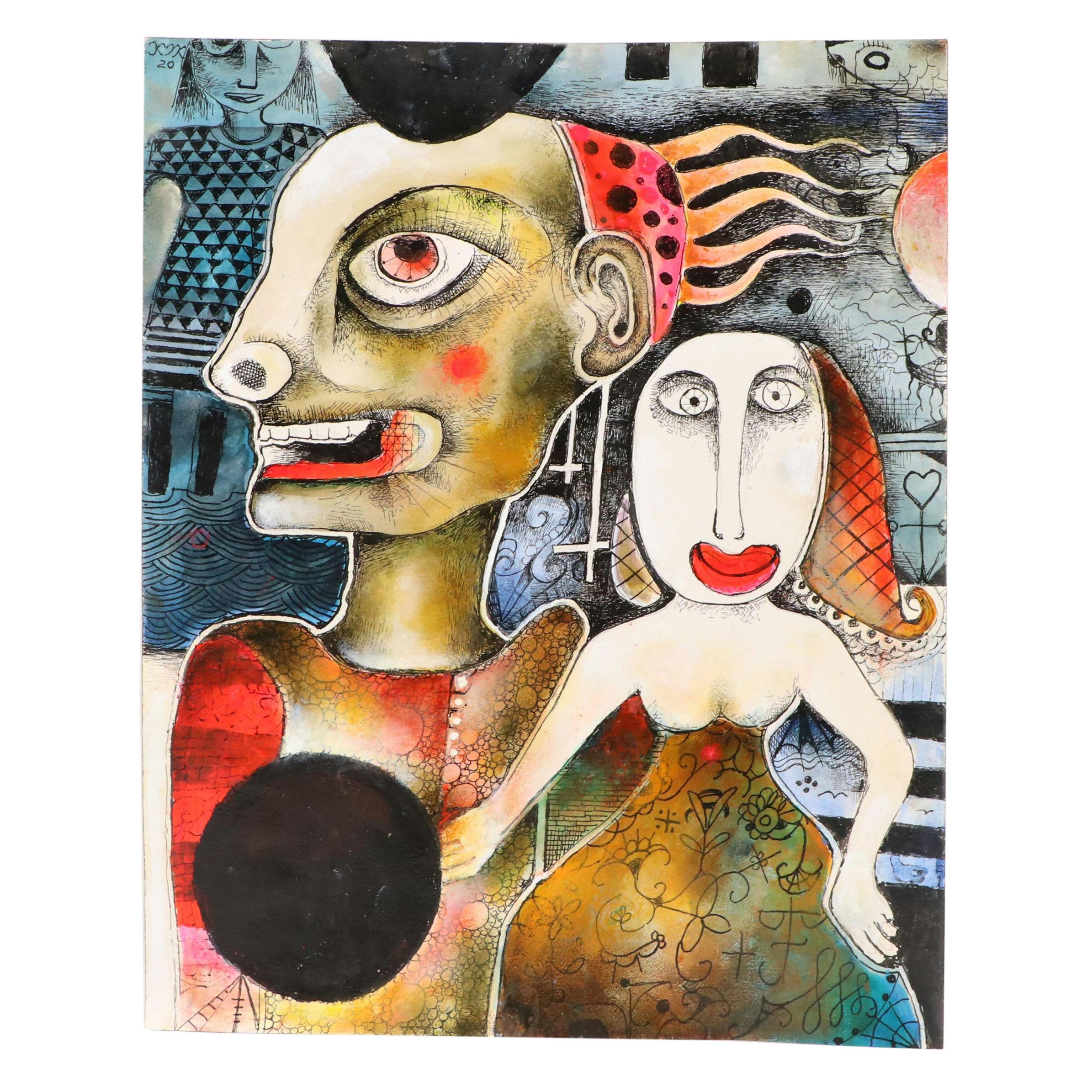 Nikolay "Kuk" Manuylov Figural Surrealist Mixed Media Painting, 2020