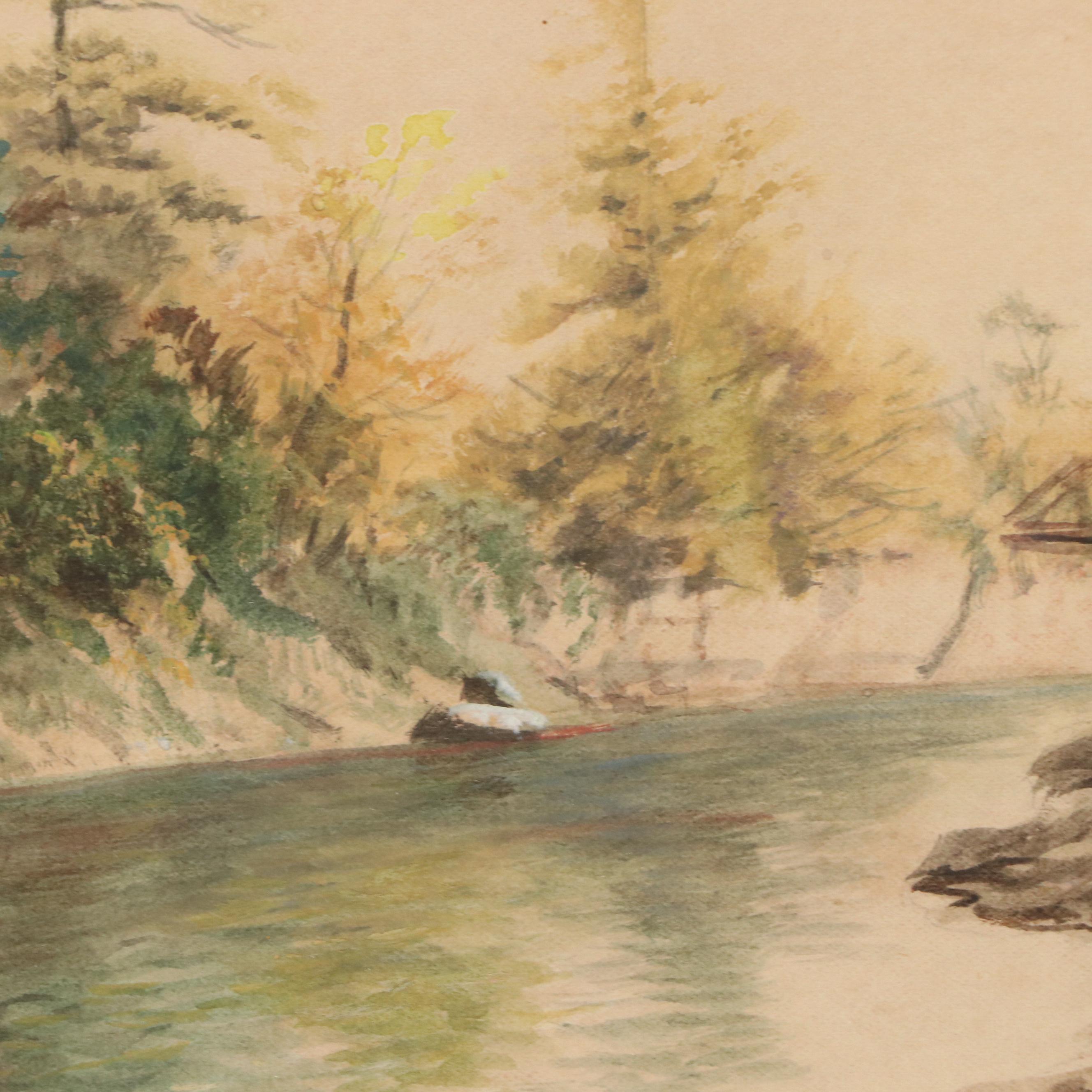 Henry Howard Bagg Gouache Painting of River with Bridge, Late 19th Century