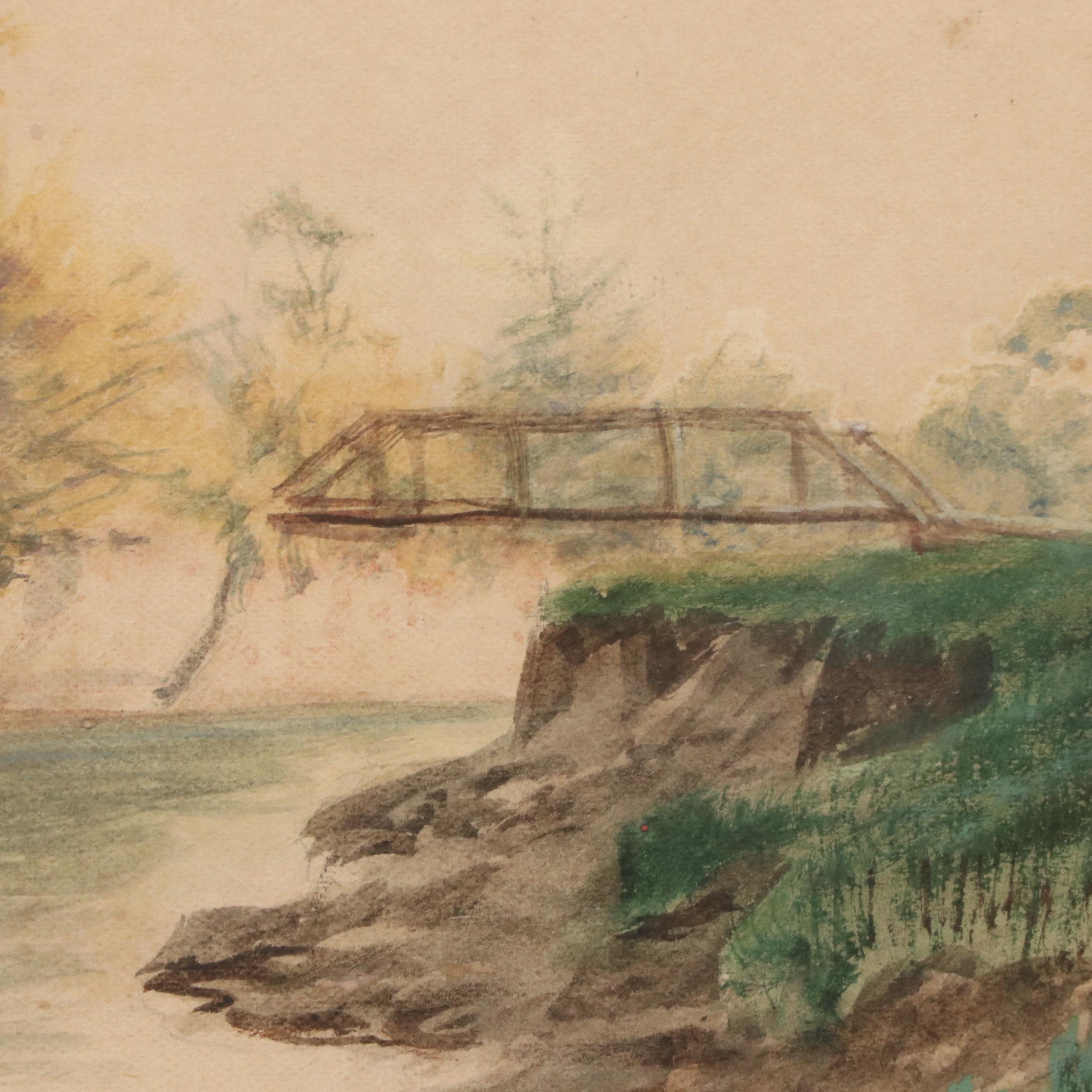 Henry Howard Bagg Gouache Painting of River with Bridge, Late 19th Century