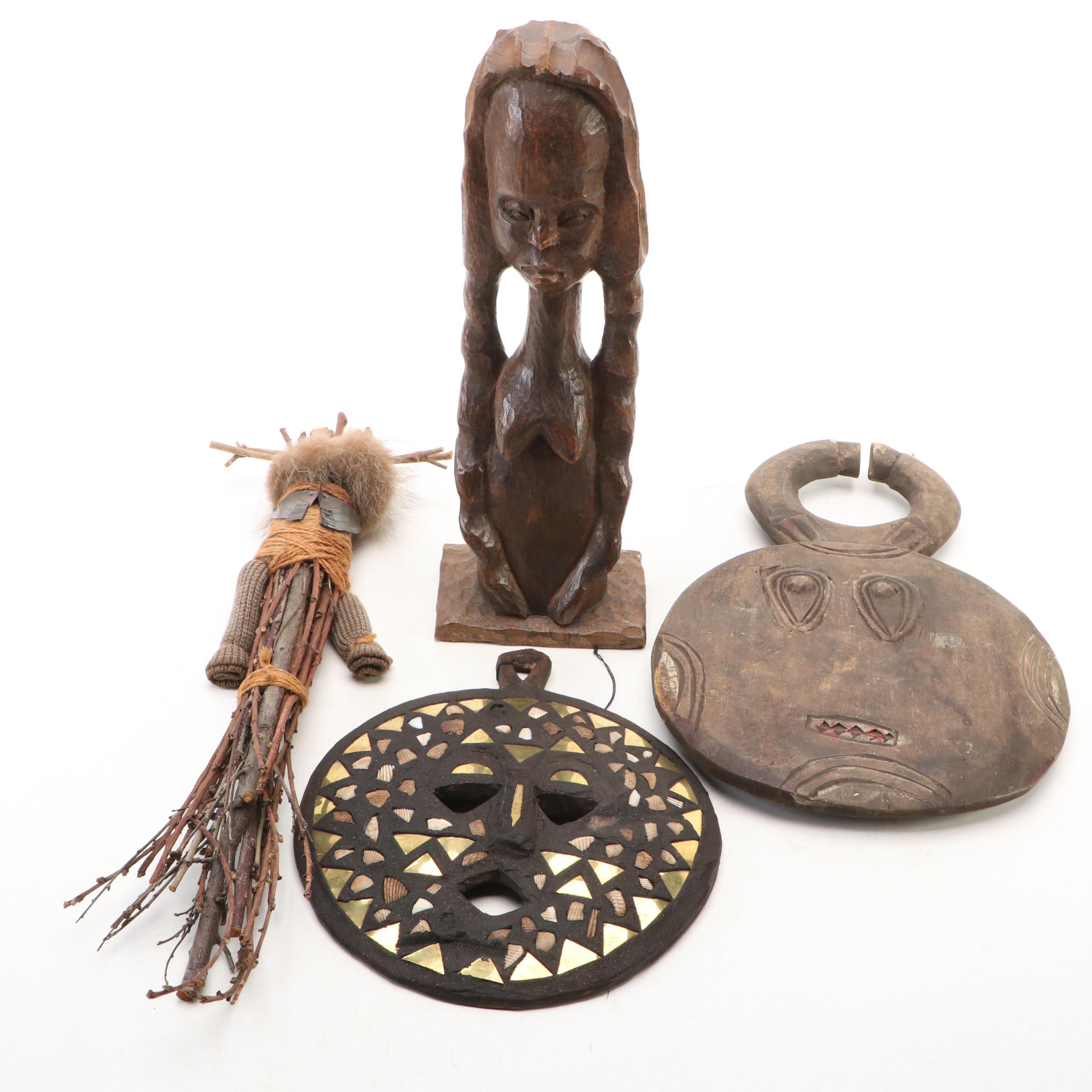 Haitian Carved Wood Female Figure with Kenyan Stone Mask and Other African Décor