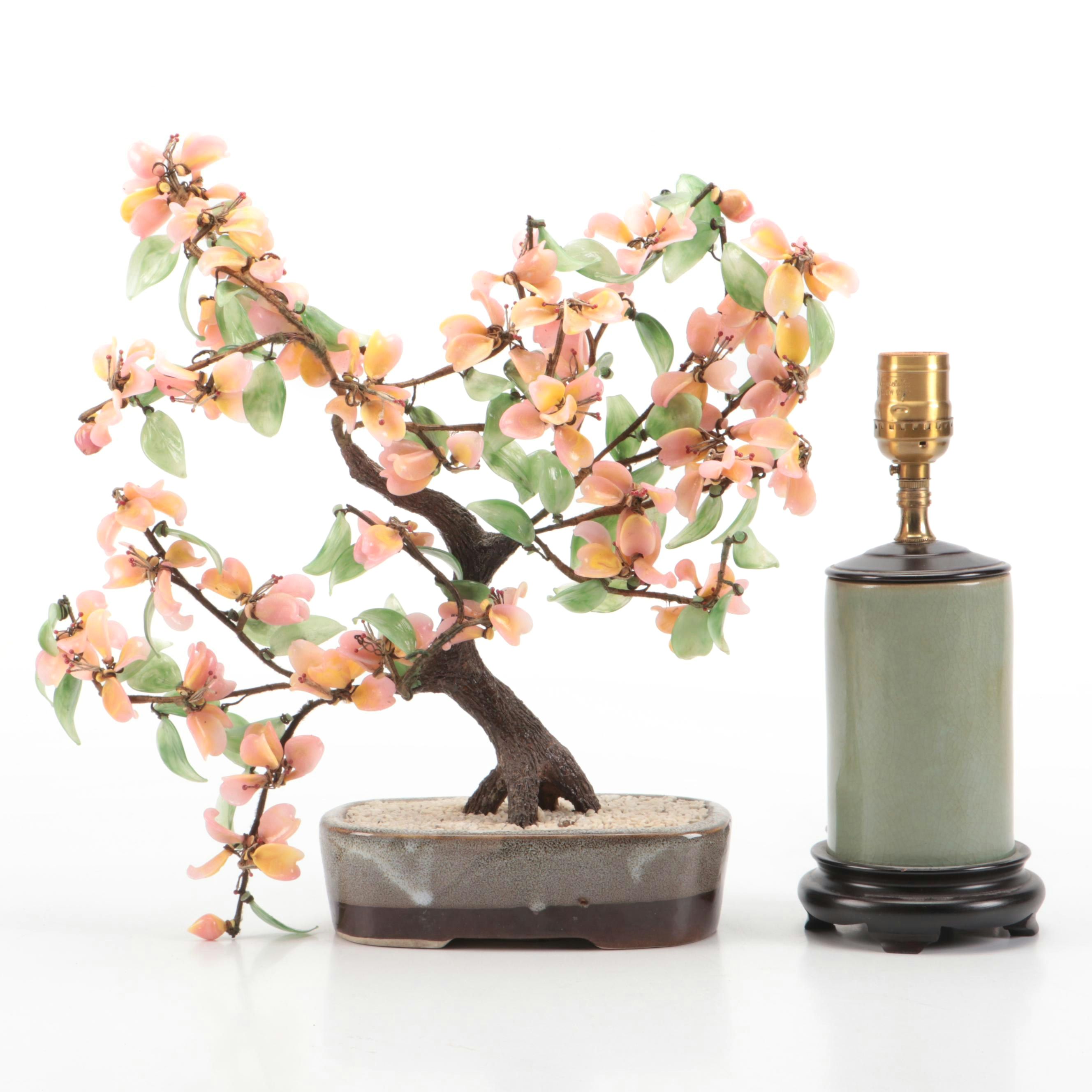 Glass Bonsai Tree with Celadon Ceramic Table Lamp