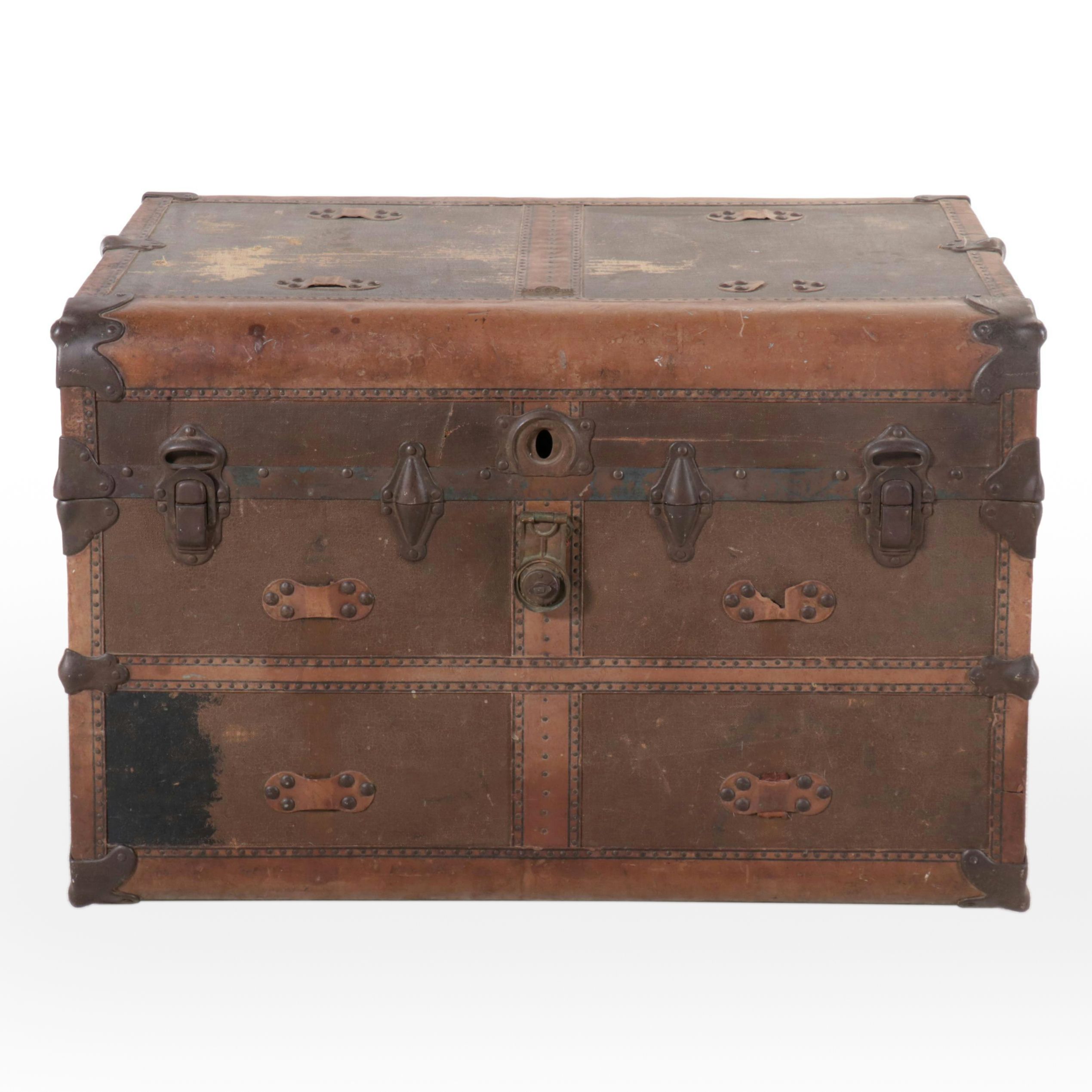 Neverbreak Leather Clad Steamer Trunk, Early to Mid-20th Century