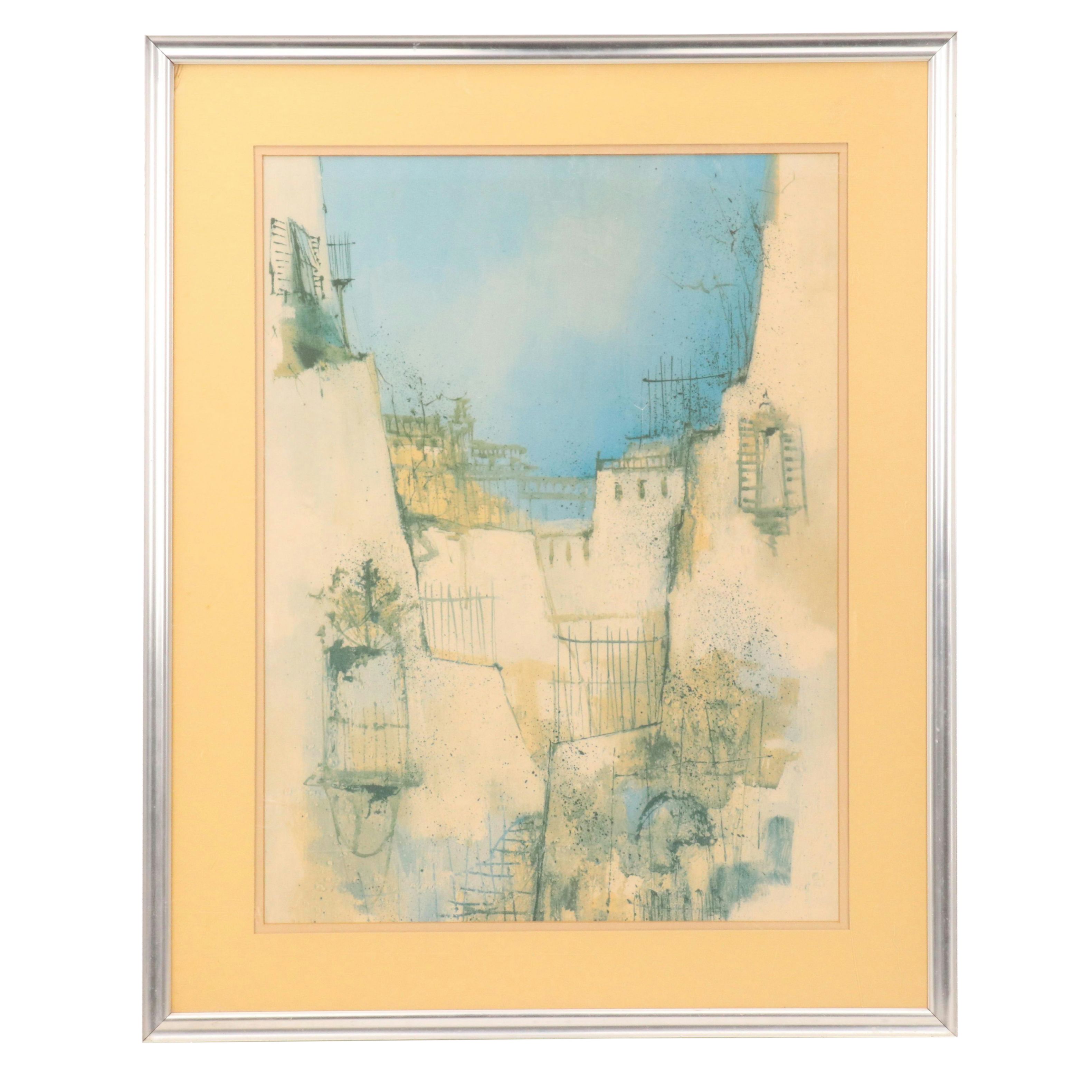 Offset Lithograph with Abstract Constructed Landscape, Late 20th Century