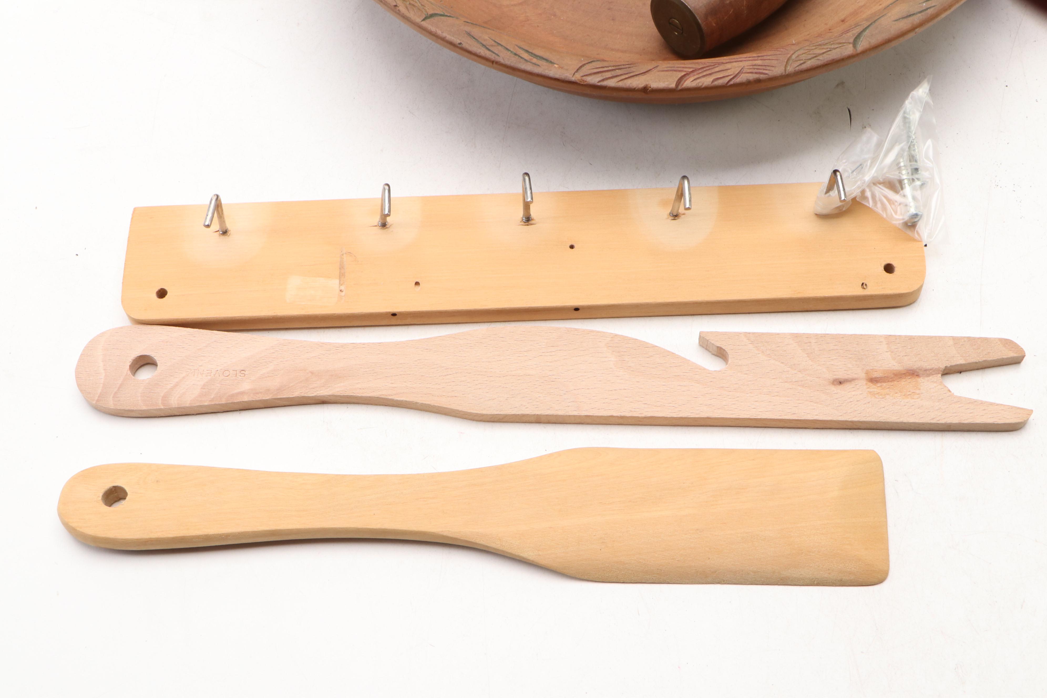 Mid Century Modern Style Carved Wood Nut Bowl with Mallet and Other Kitchenware