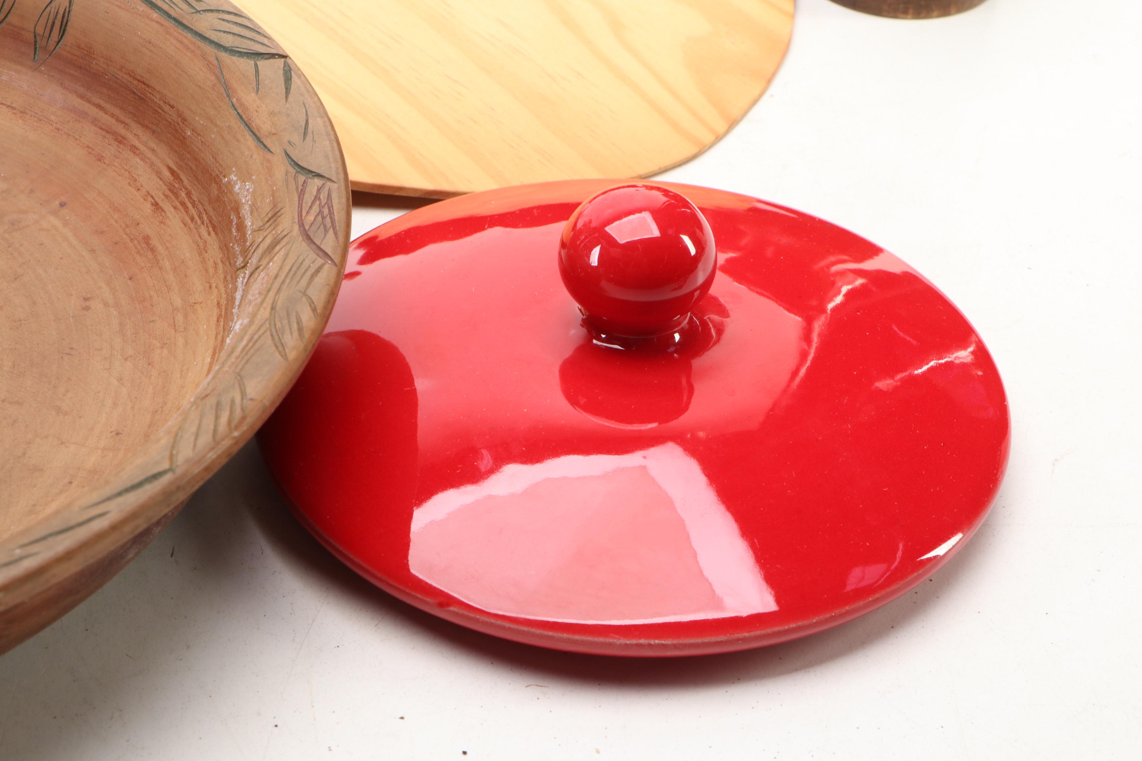 Mid Century Modern Style Carved Wood Nut Bowl with Mallet and Other Kitchenware