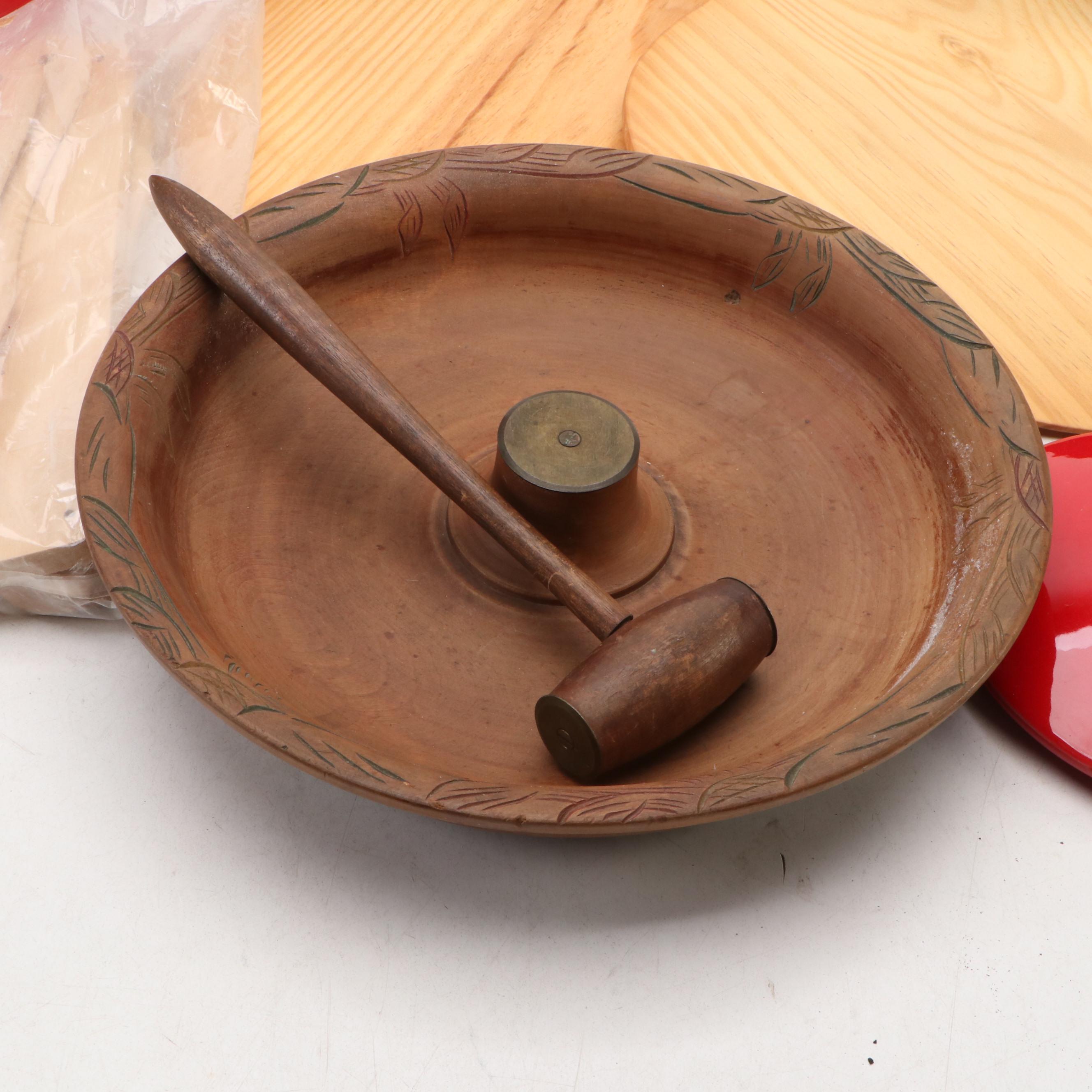 Mid Century Modern Style Carved Wood Nut Bowl with Mallet and Other Kitchenware