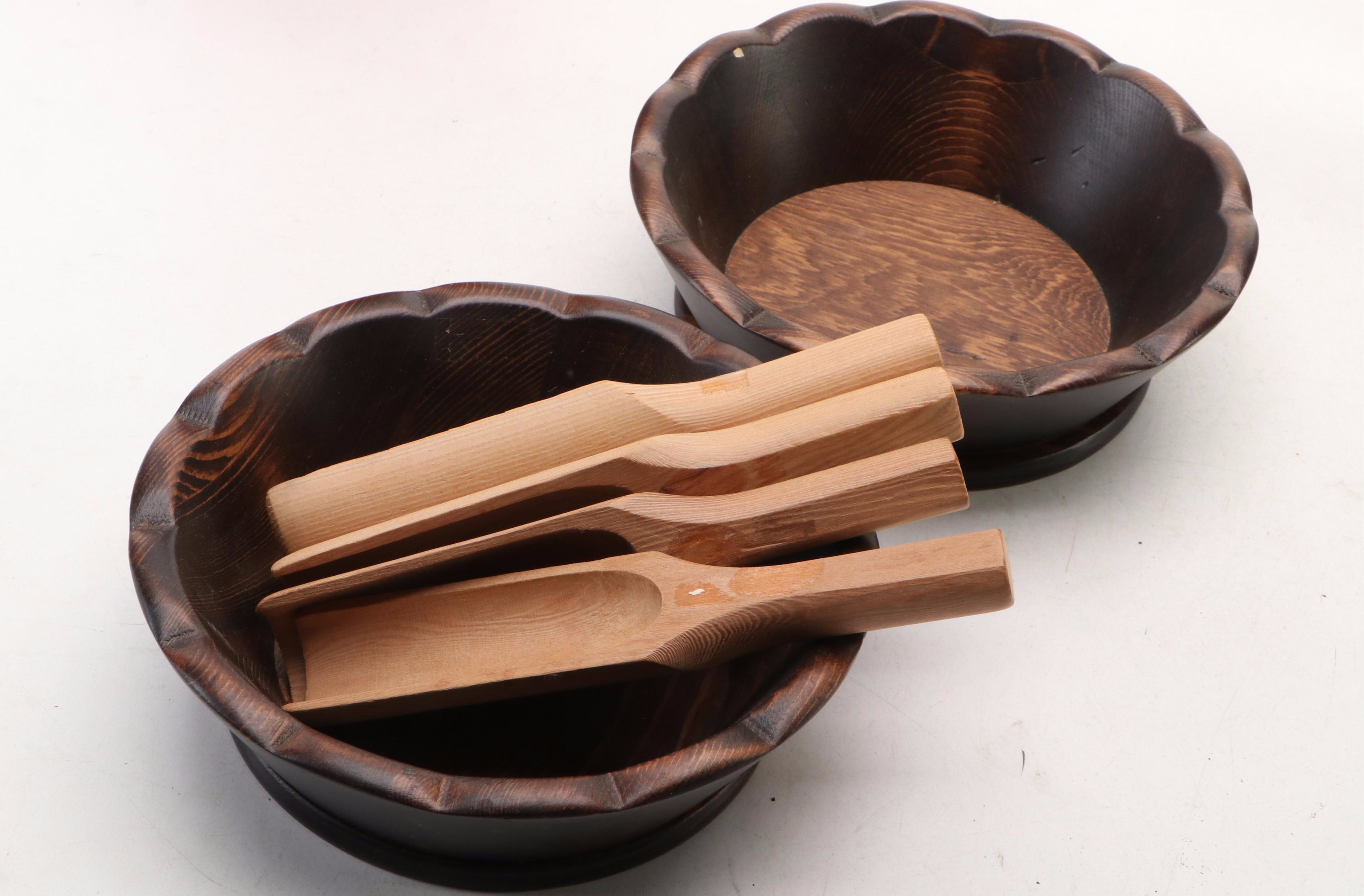 Mid Century Modern Style Carved Wood Nut Bowl with Mallet and Other Kitchenware