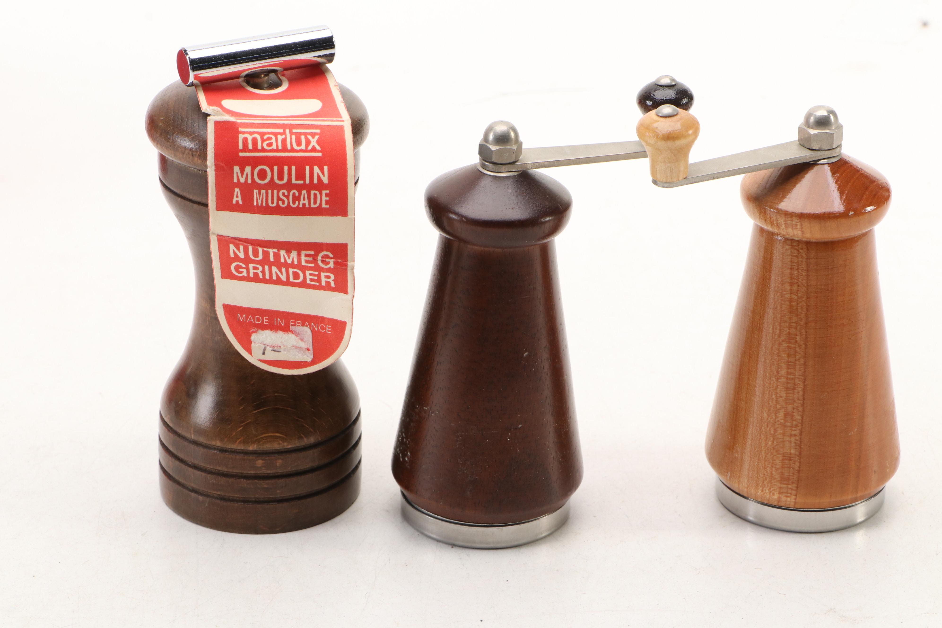 Mid Century Modern Style Carved Wood Nut Bowl with Mallet and Other Kitchenware