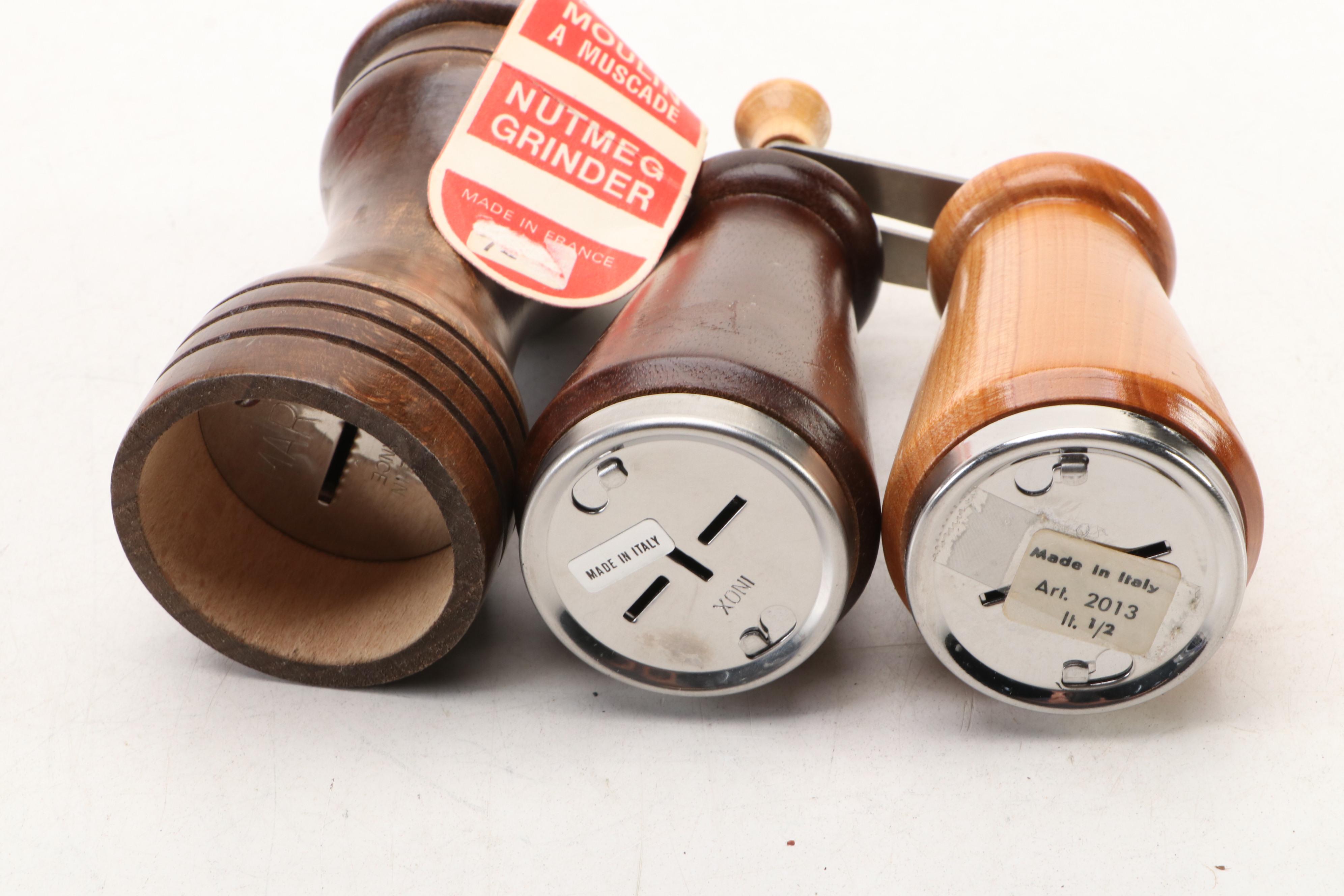 Mid Century Modern Style Carved Wood Nut Bowl with Mallet and Other Kitchenware