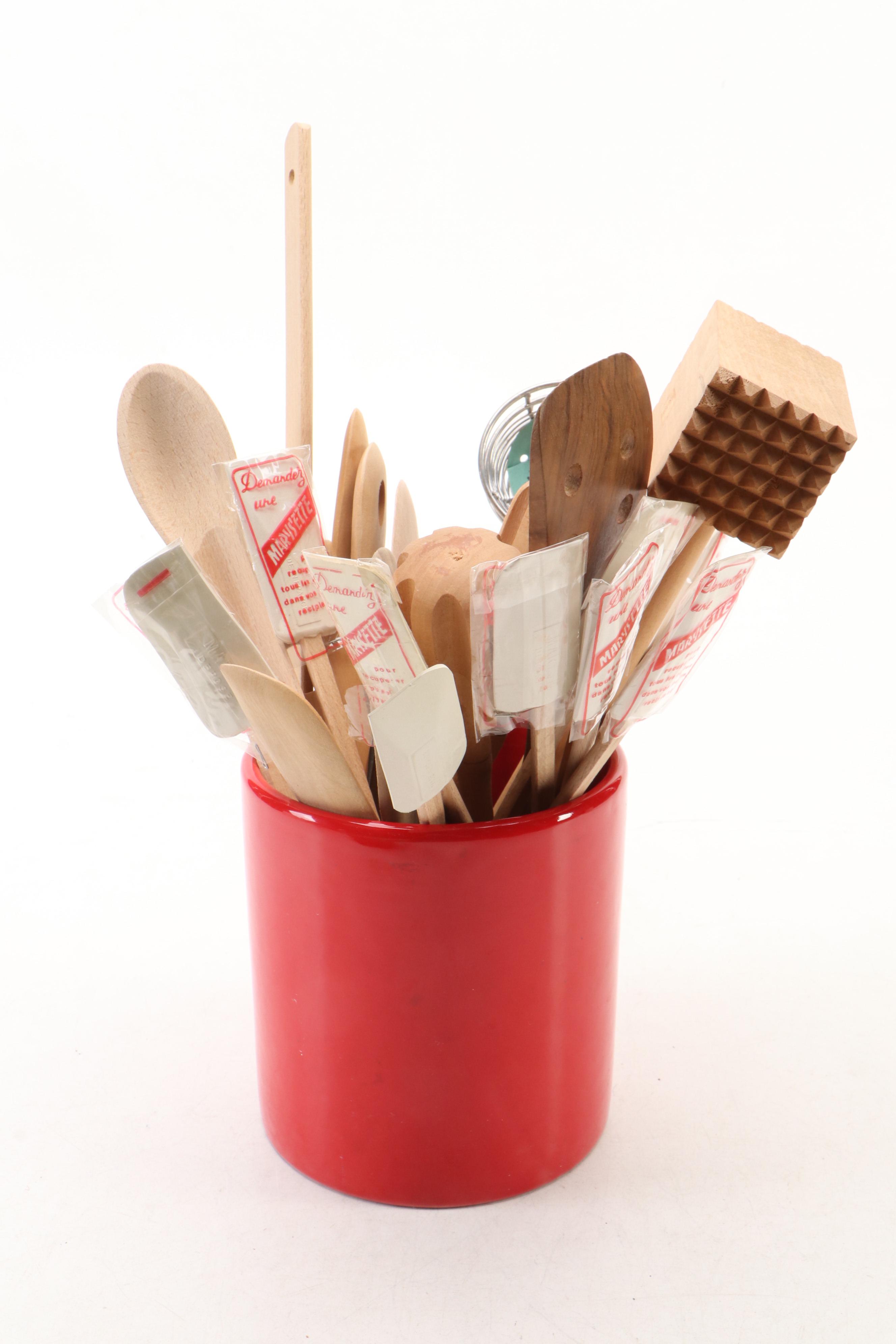 Mid Century Modern Style Carved Wood Nut Bowl with Mallet and Other Kitchenware