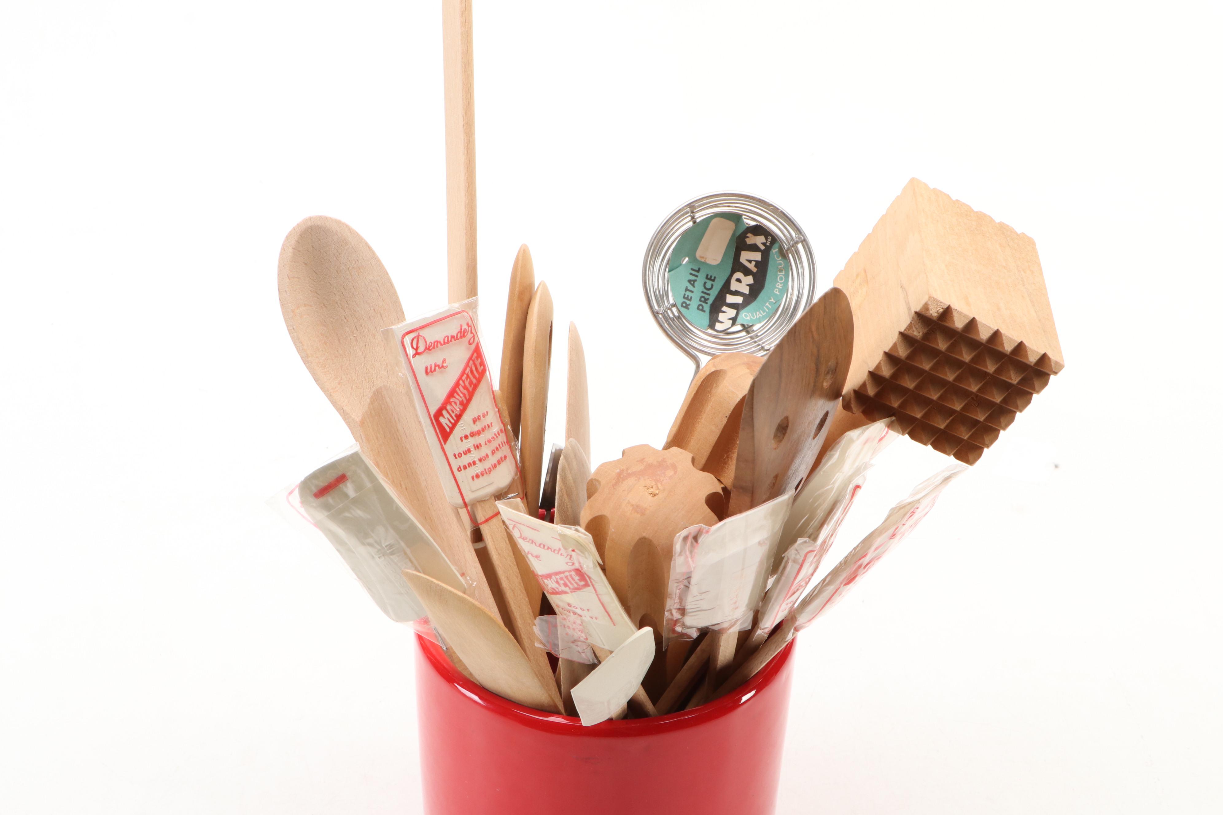 Mid Century Modern Style Carved Wood Nut Bowl with Mallet and Other Kitchenware