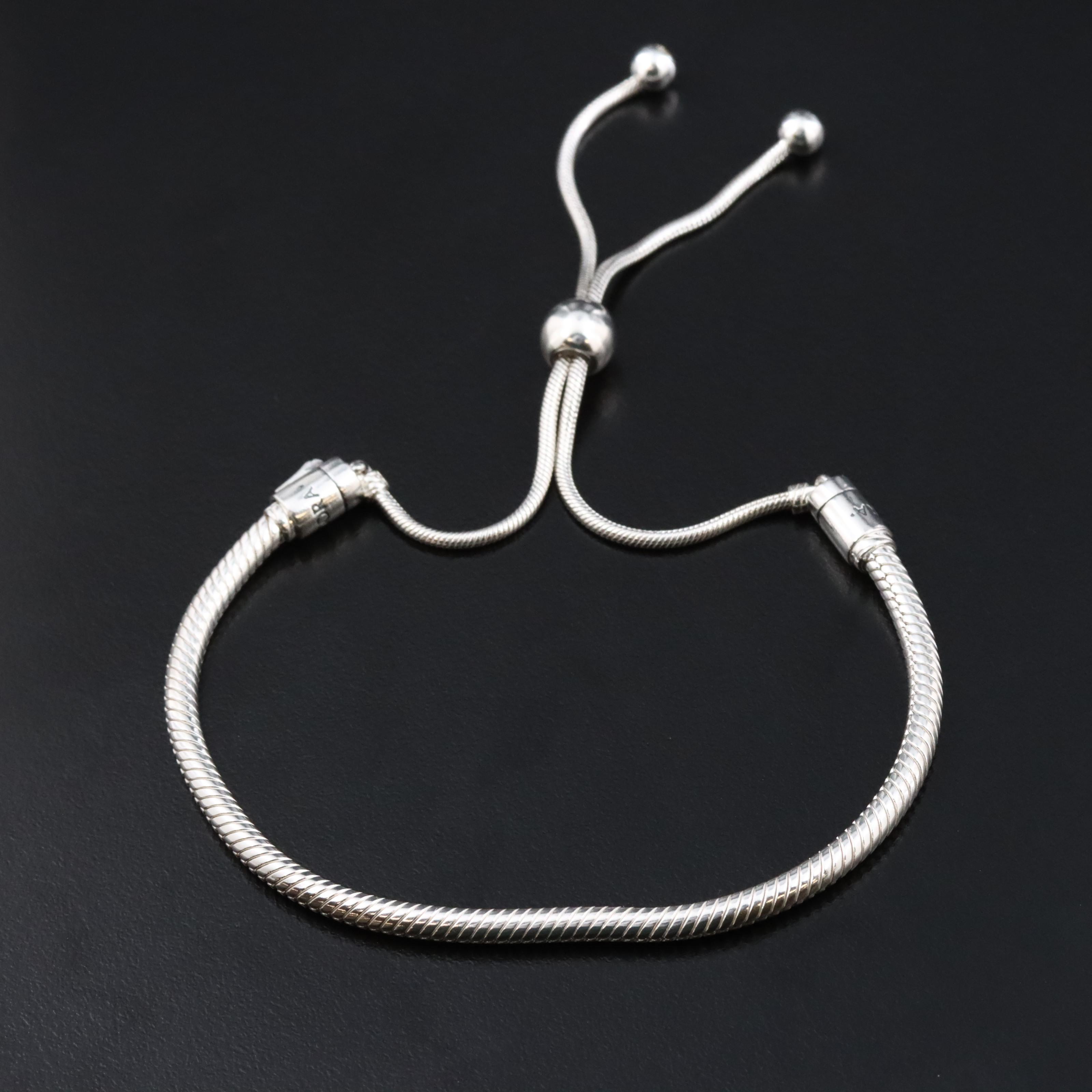 Pandora Moments Sterling Snake Chain Slider Bracelet with CZ Tassel