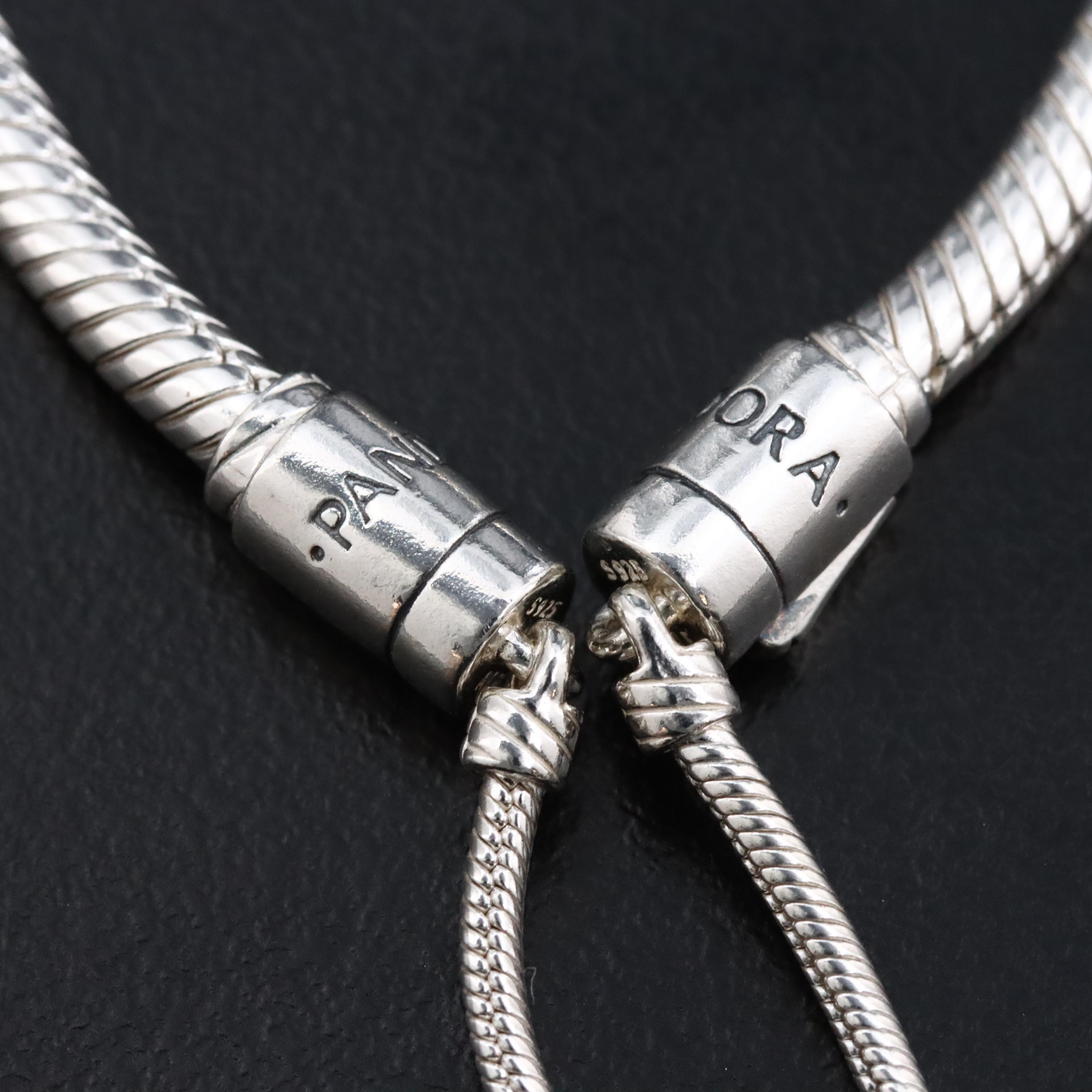 Pandora Moments Sterling Snake Chain Slider Bracelet with CZ Tassel